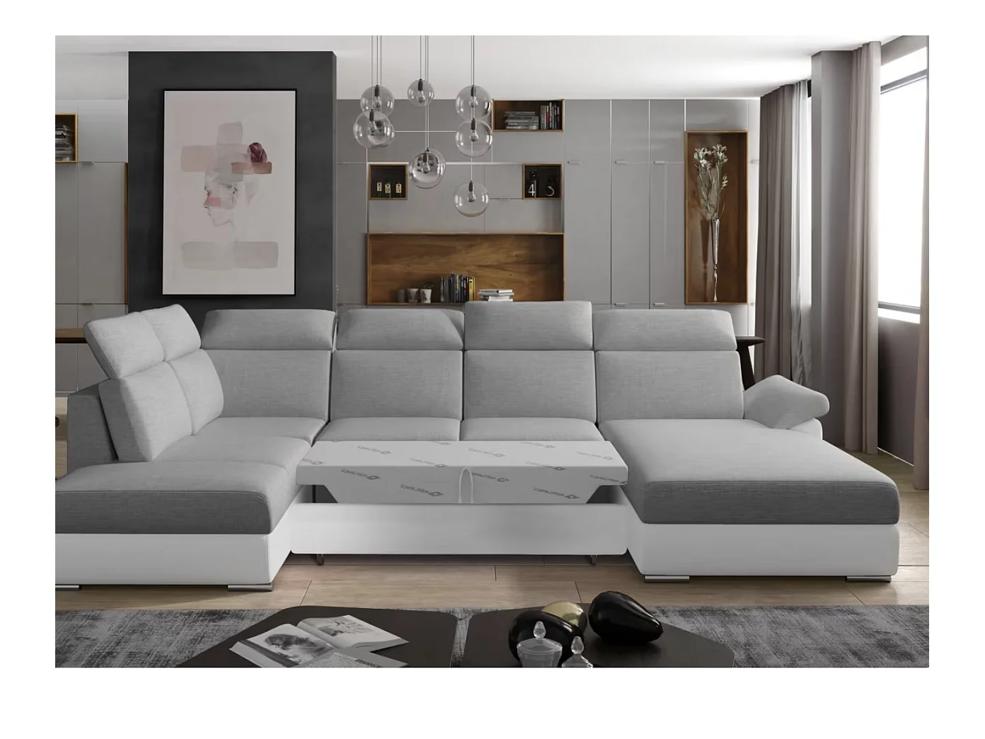 Canapé Convertible Panoramique LEVANO Tissu et Simili Cuir, Têtières-Blanc/Gris clair-Coffre à droite