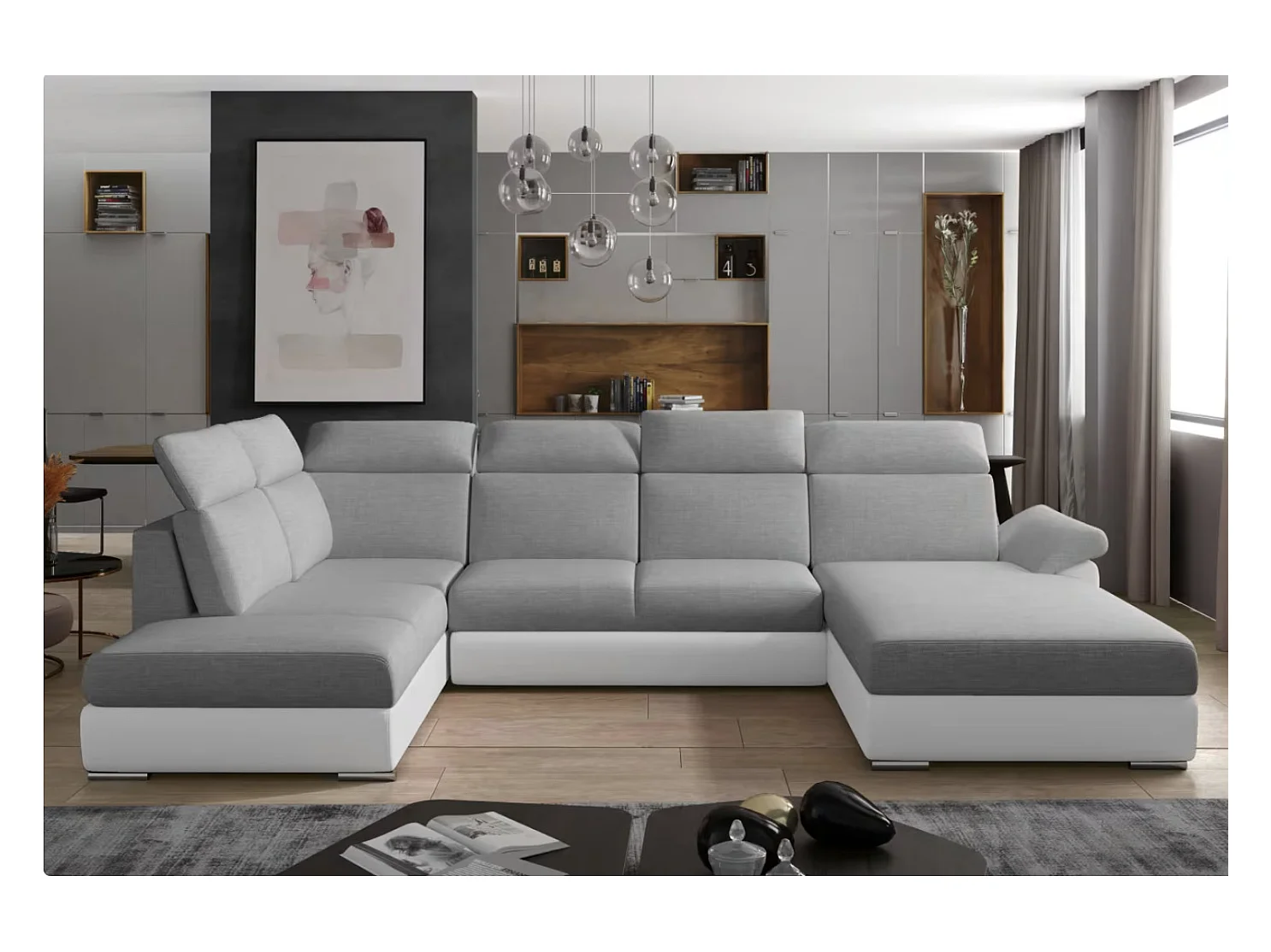 Canapé Convertible Panoramique LEVANO Tissu et Simili Cuir, Têtières-Blanc/Gris clair-Coffre à droite