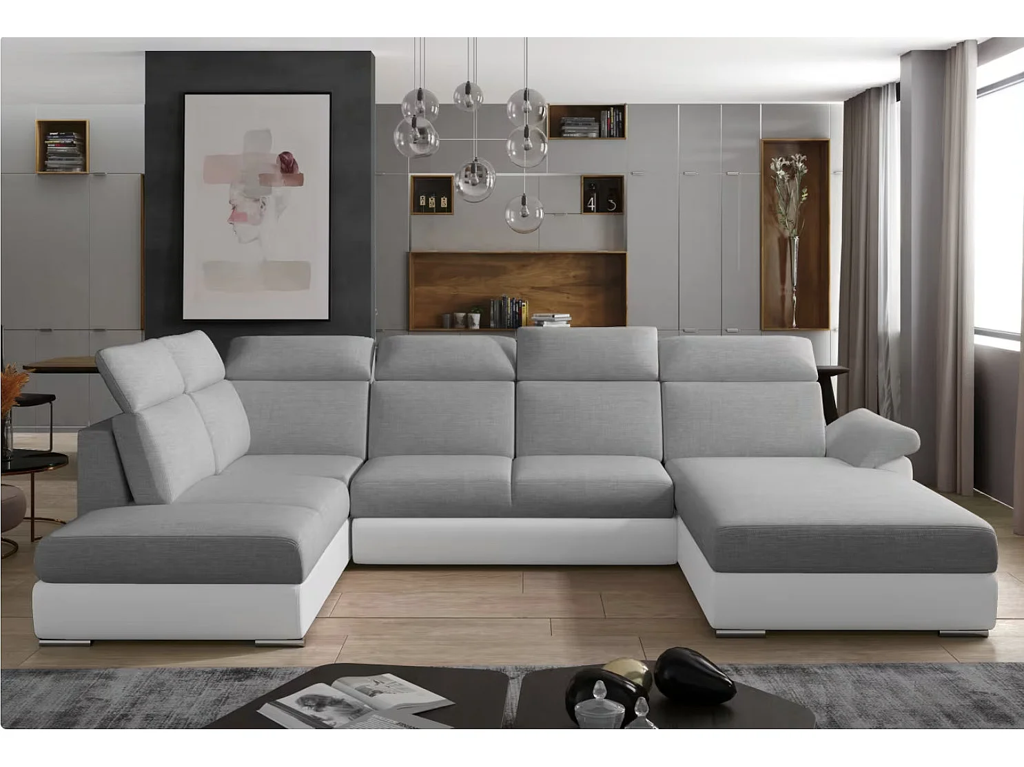 Canapé Convertible Panoramique LEVANO Tissu et Simili Cuir, Têtières-Blanc/Gris clair-Coffre à droite