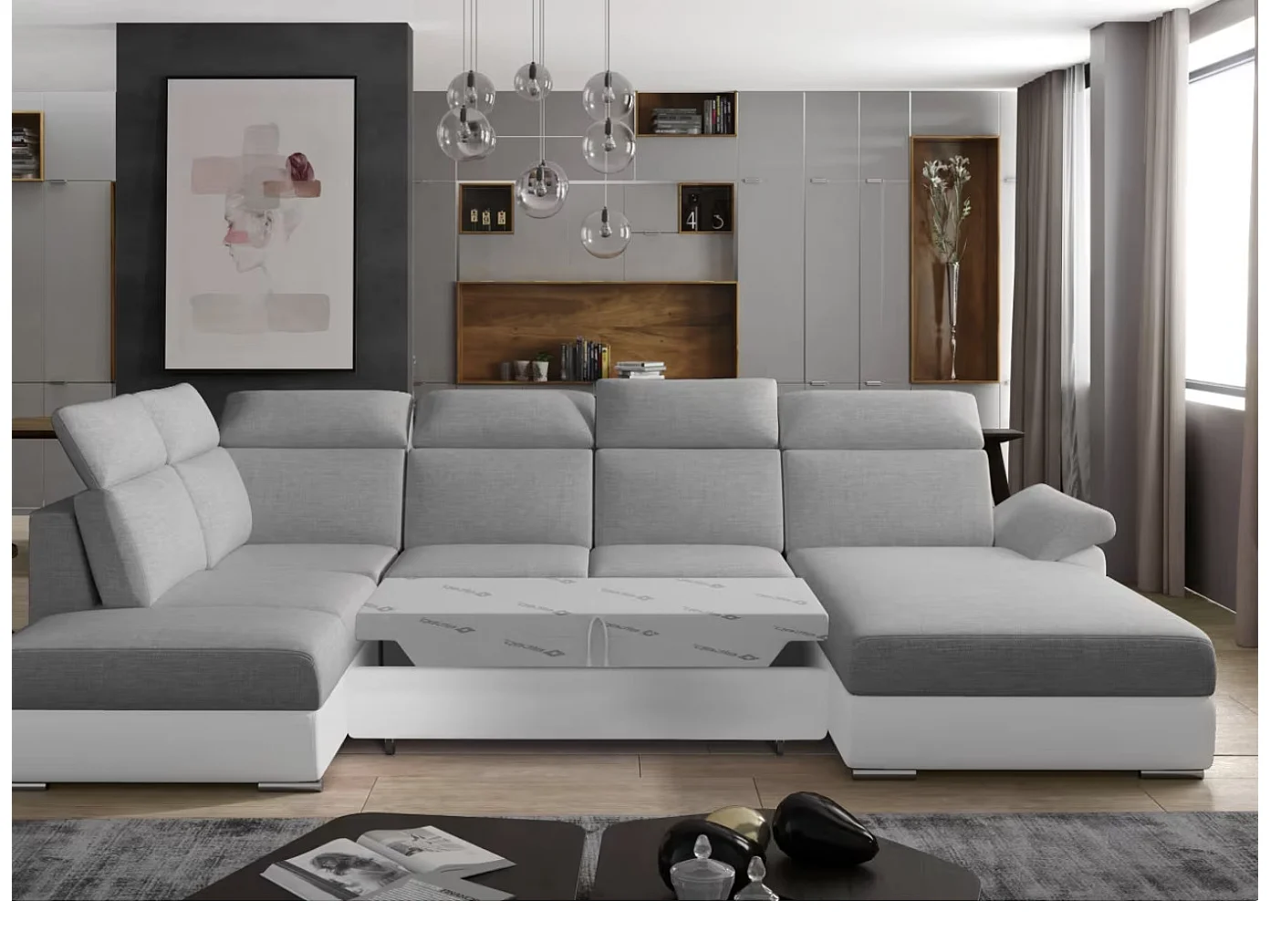 Canapé Convertible Panoramique LEVANO Tissu et Simili Cuir, Têtières-Blanc/Gris clair-Coffre à droite