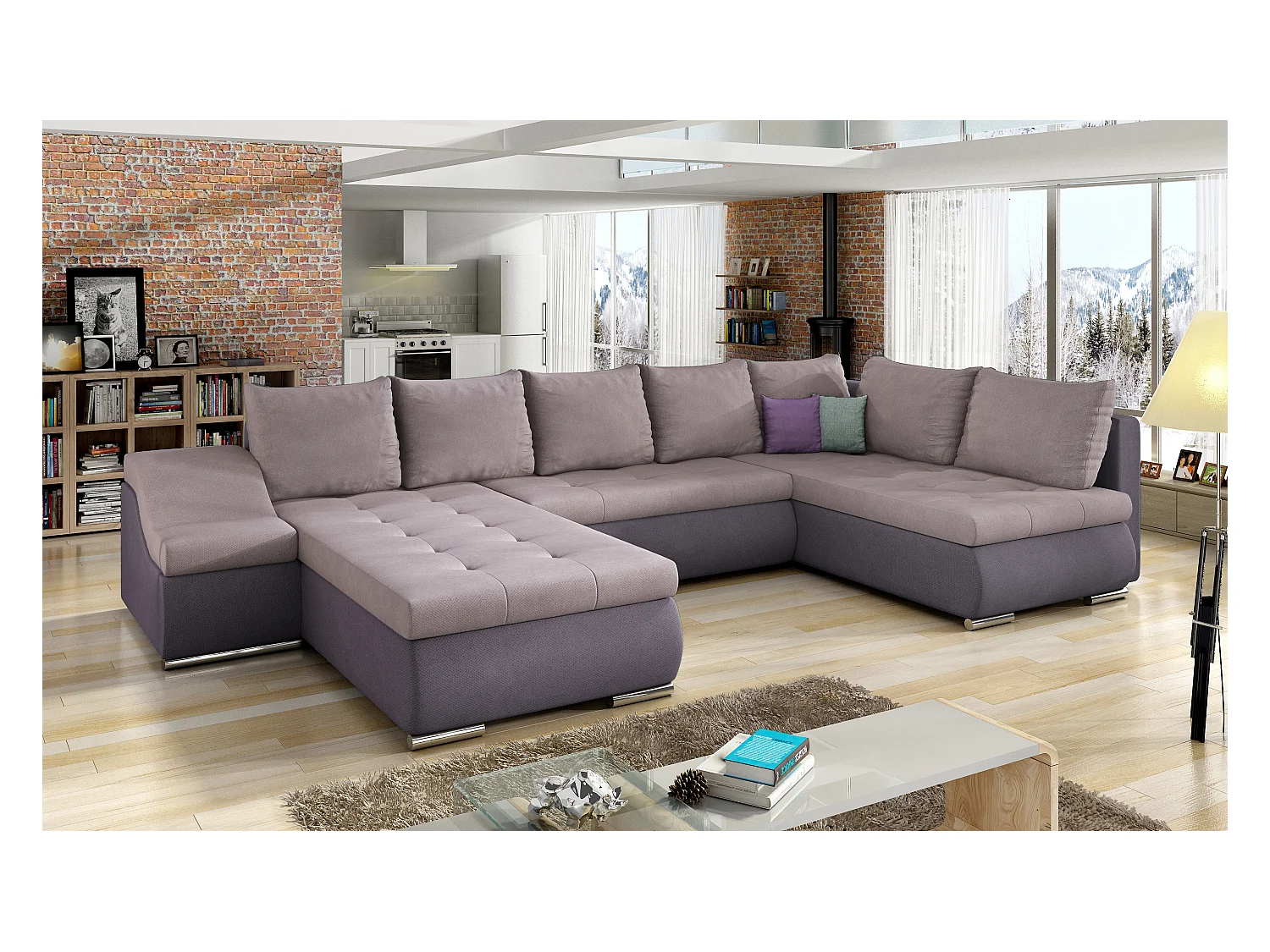 Canapé panoramique convertible JONAZ simili cuir, tissu - Rangement integré-Mauve/Rose clair-Méridienne A gauche