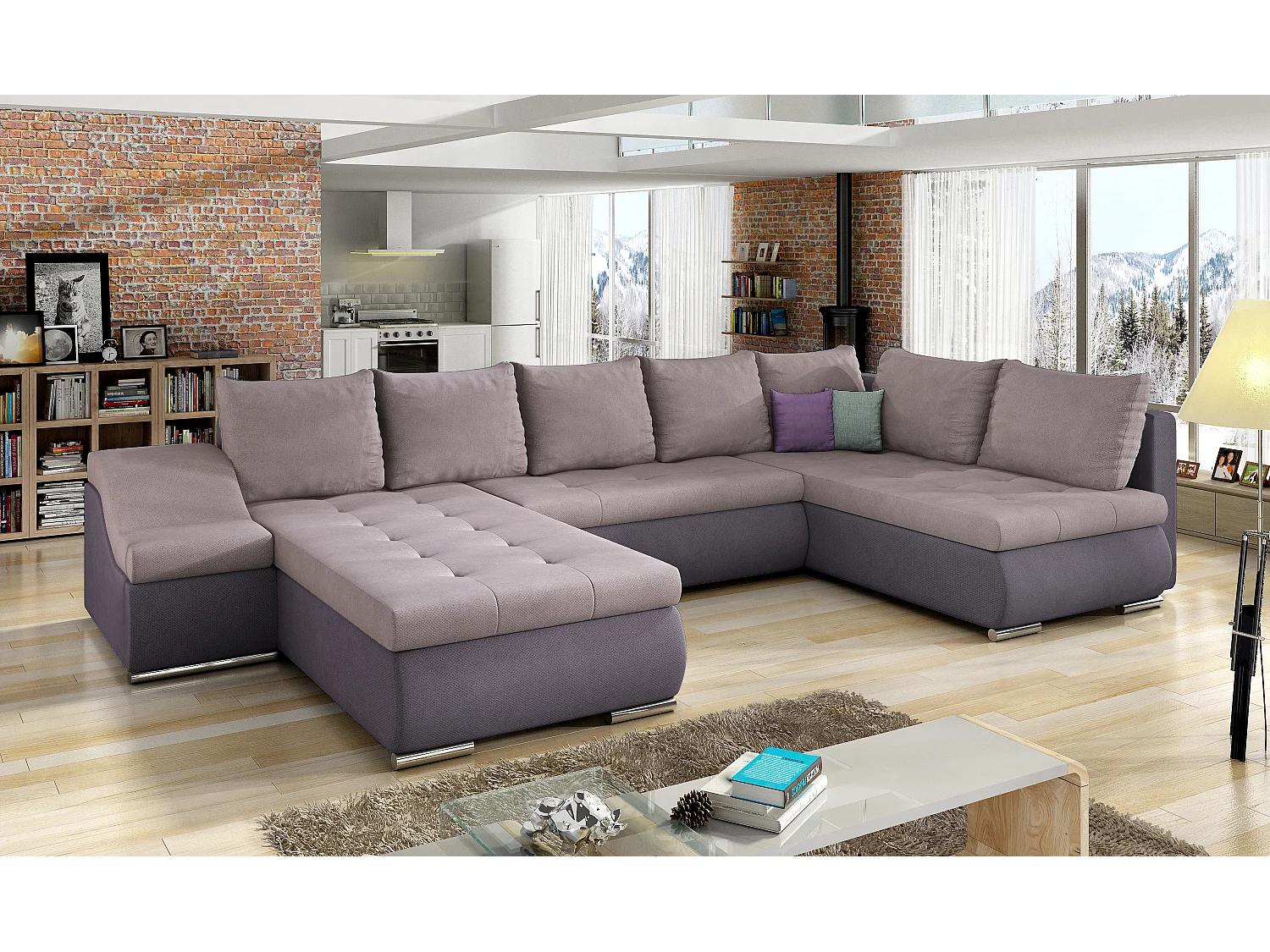 Canapé panoramique convertible JONAZ simili cuir, tissu - Rangement integré-Mauve/Rose clair-Méridienne A gauche