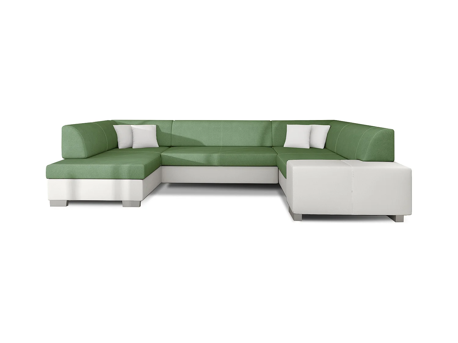 Canapé panoramique convertible HOUSTON en bi-matière avec coffre de rangement-Blanc/Beige clair-Coffre à gauche