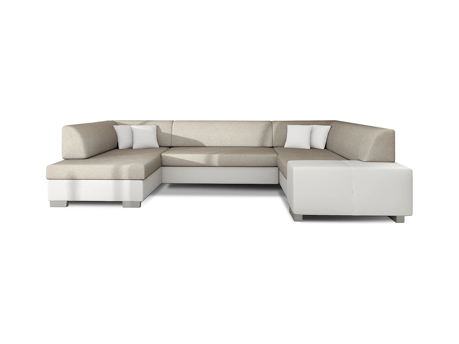 Canapé panoramique convertible HOUSTON en bi-matière avec coffre de rangement-Blanc/Beige clair-Coffre à gauche
