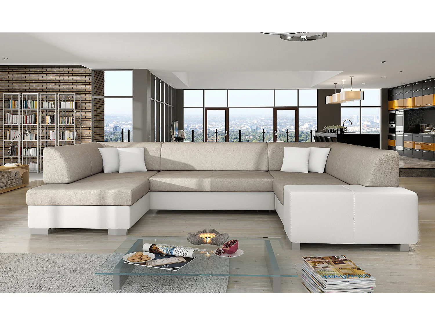 Canapé panoramique convertible HOUSTON en bi-matière avec coffre de rangement-Blanc/Beige clair-Coffre à gauche