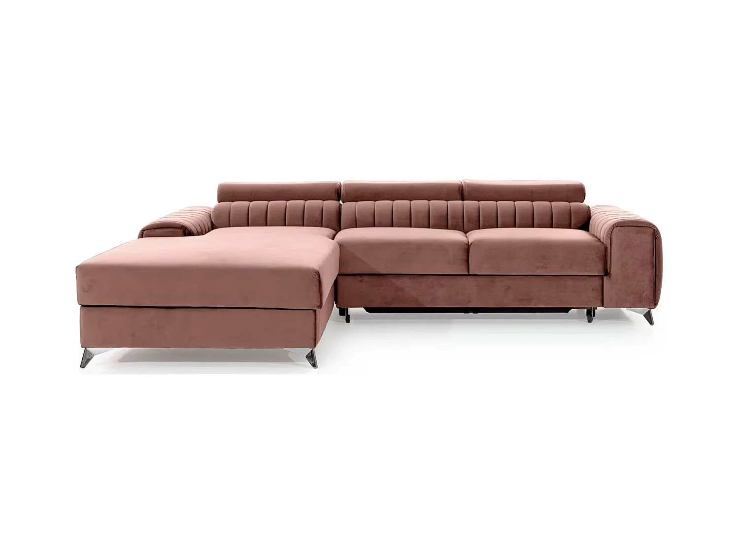 Canapé d'angle convertible velours têtière réglables GRENKY - Coffre, pieds acier chromé-Rose soft-angle gauche