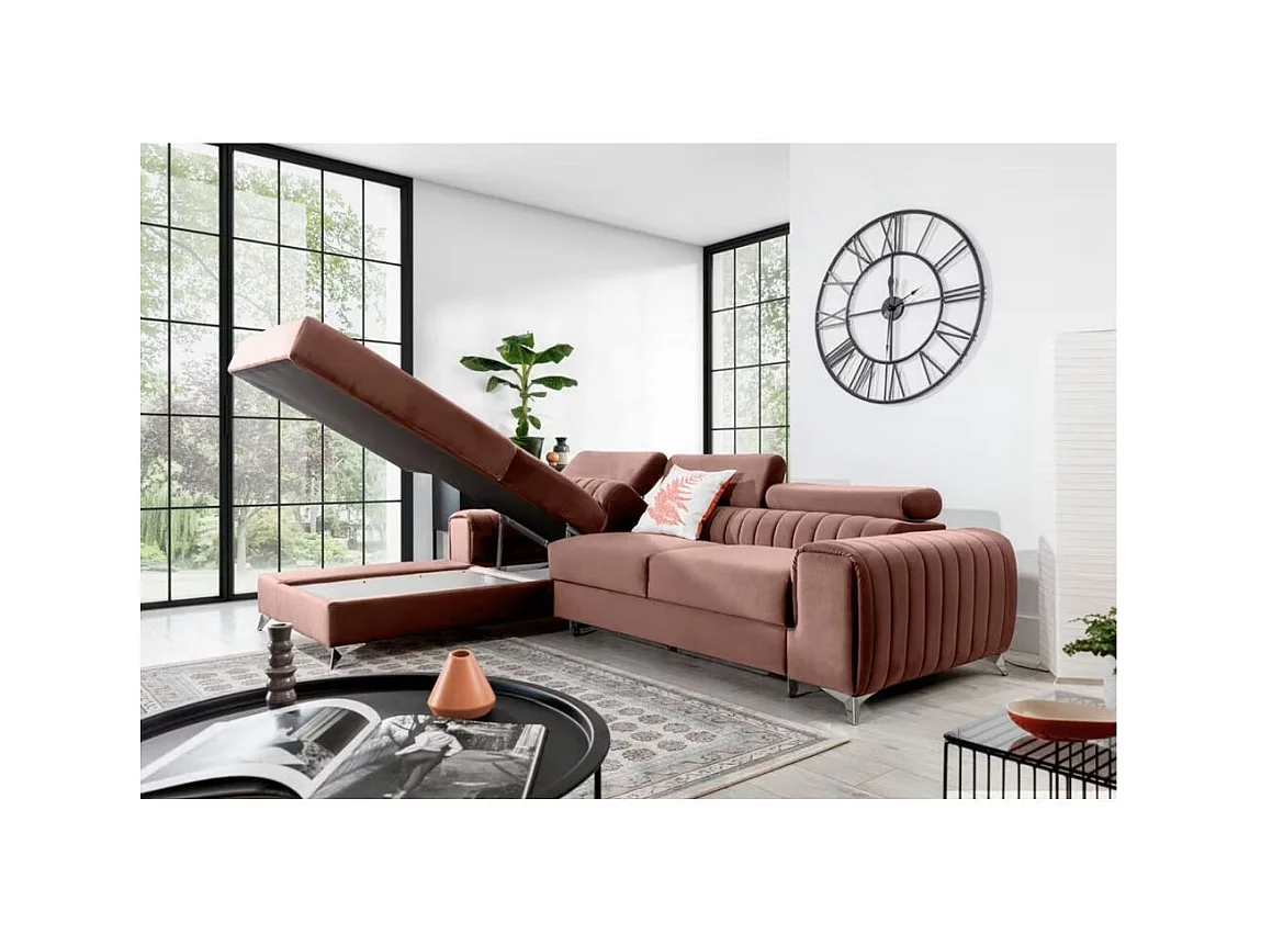 Canapé d'angle convertible velours têtière réglables GRENKY - Coffre, pieds acier chromé-Rose soft-angle gauche