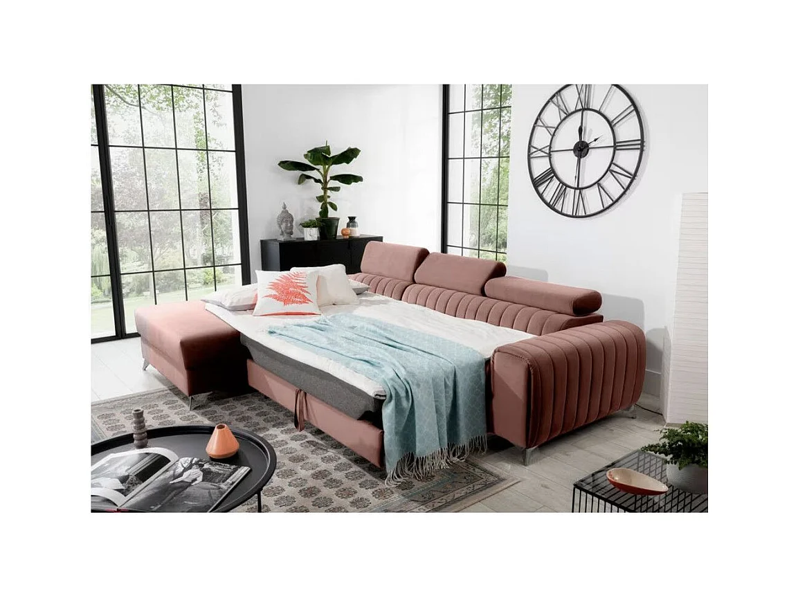 Canapé d'angle convertible velours têtière réglables GRENKY - Coffre, pieds acier chromé-Rose soft-angle gauche