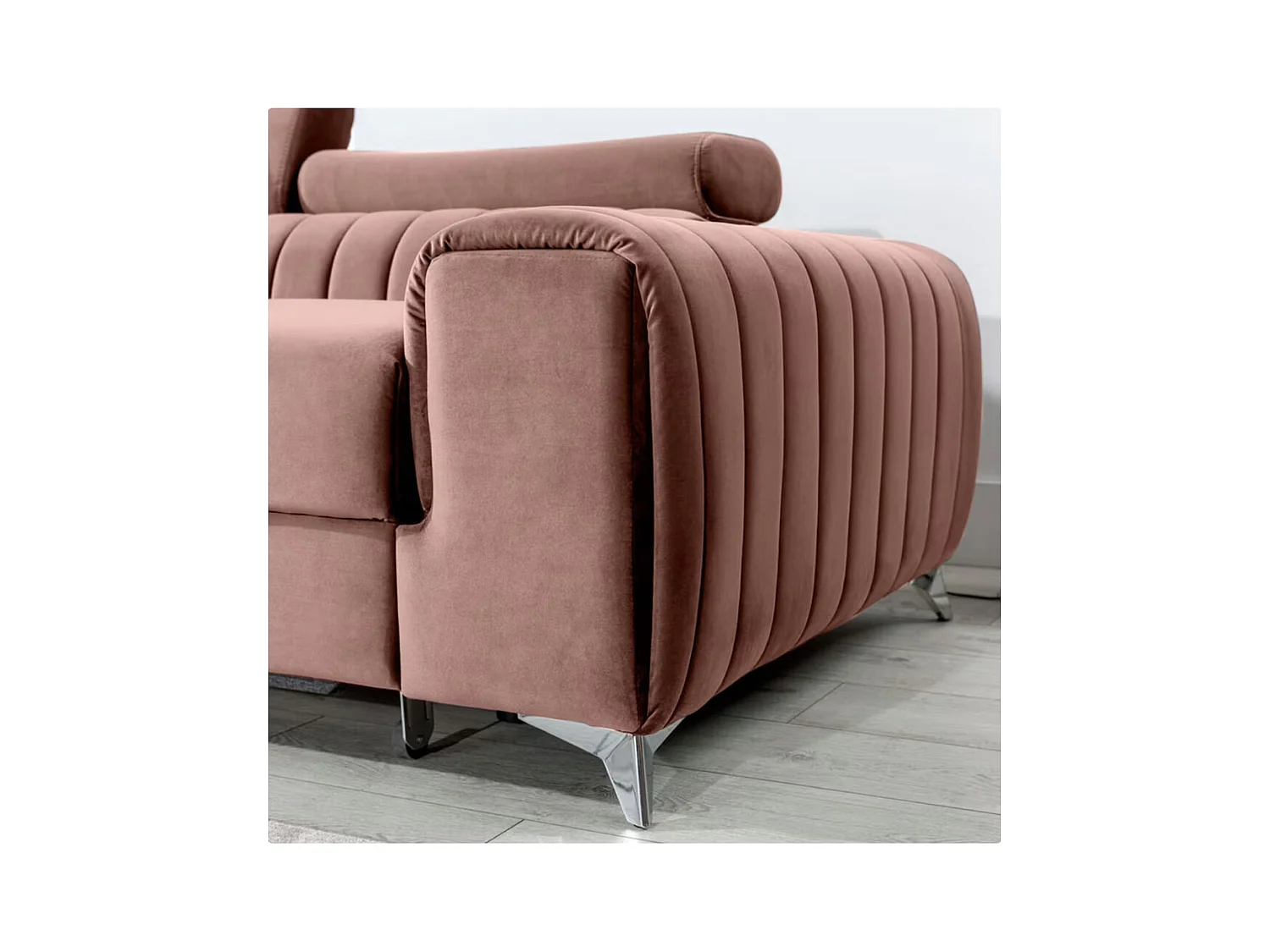 Canapé d'angle convertible velours têtière réglables GRENKY - Coffre, pieds acier chromé-Rose soft-angle gauche