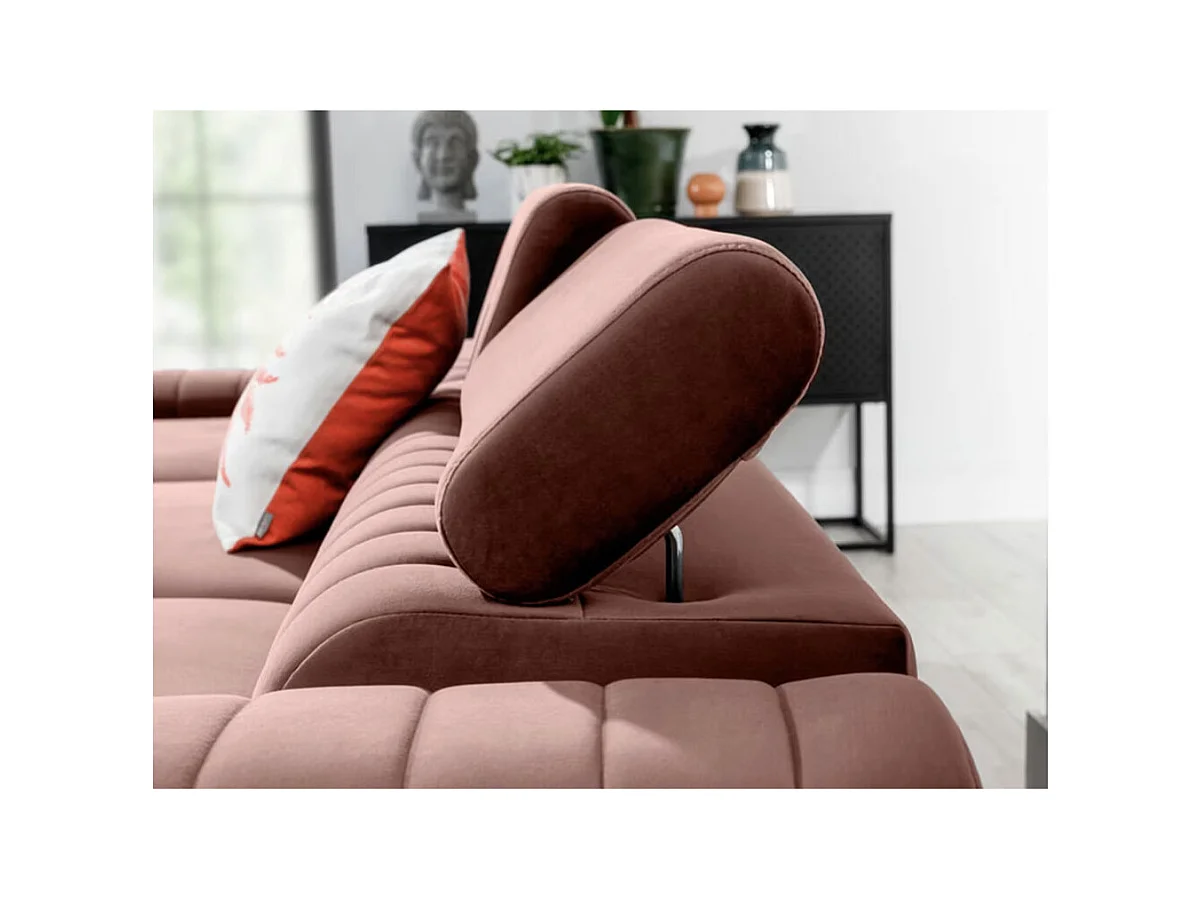 Canapé d'angle convertible velours têtière réglables GRENKY - Coffre, pieds acier chromé-Rose soft-angle gauche