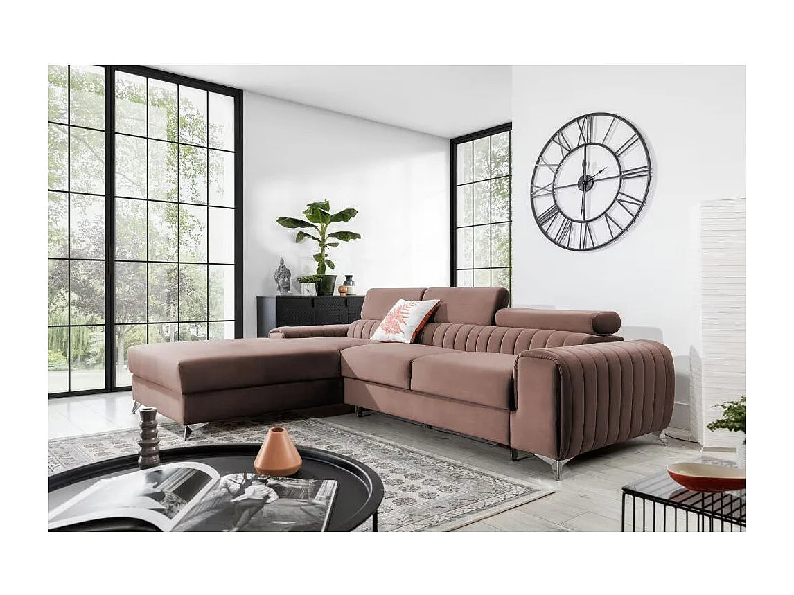 Canapé d'angle convertible velours têtière réglables GRENKY - Coffre, pieds acier chromé-Rose soft-angle gauche