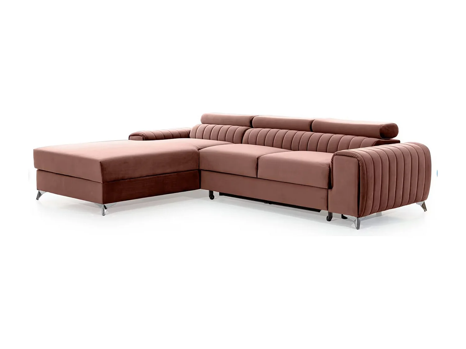 Canapé d'angle convertible velours têtière réglables GRENKY - Coffre, pieds acier chromé-Rose soft-angle gauche