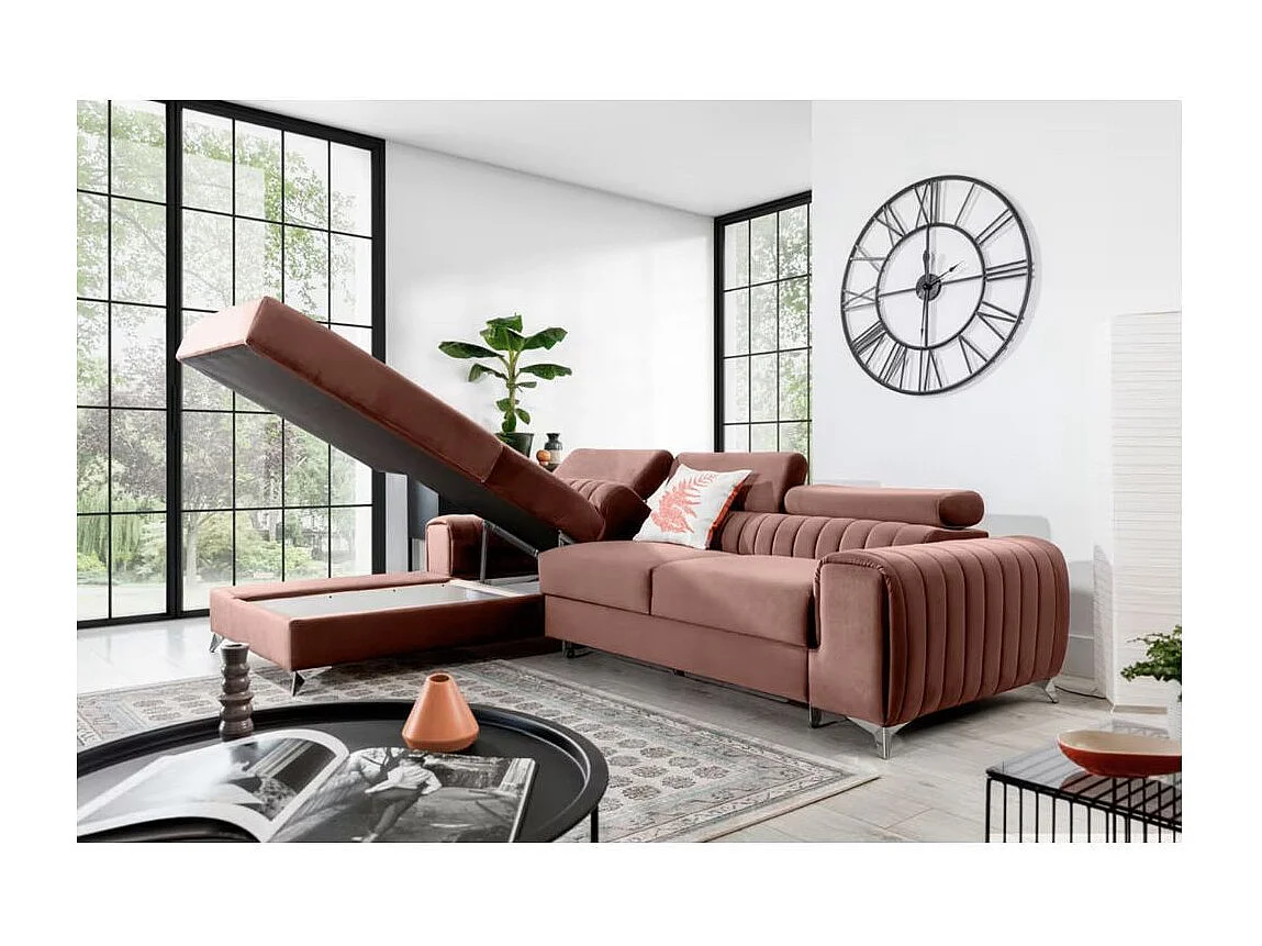 Canapé d'angle convertible velours têtière réglables GRENKY - Coffre, pieds acier chromé-Rose soft-angle gauche