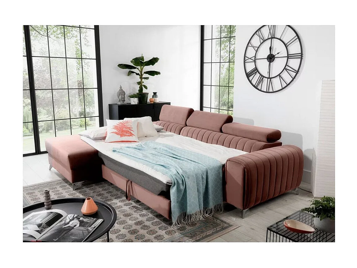 Canapé d'angle convertible velours têtière réglables GRENKY - Coffre, pieds acier chromé-Rose soft-angle gauche