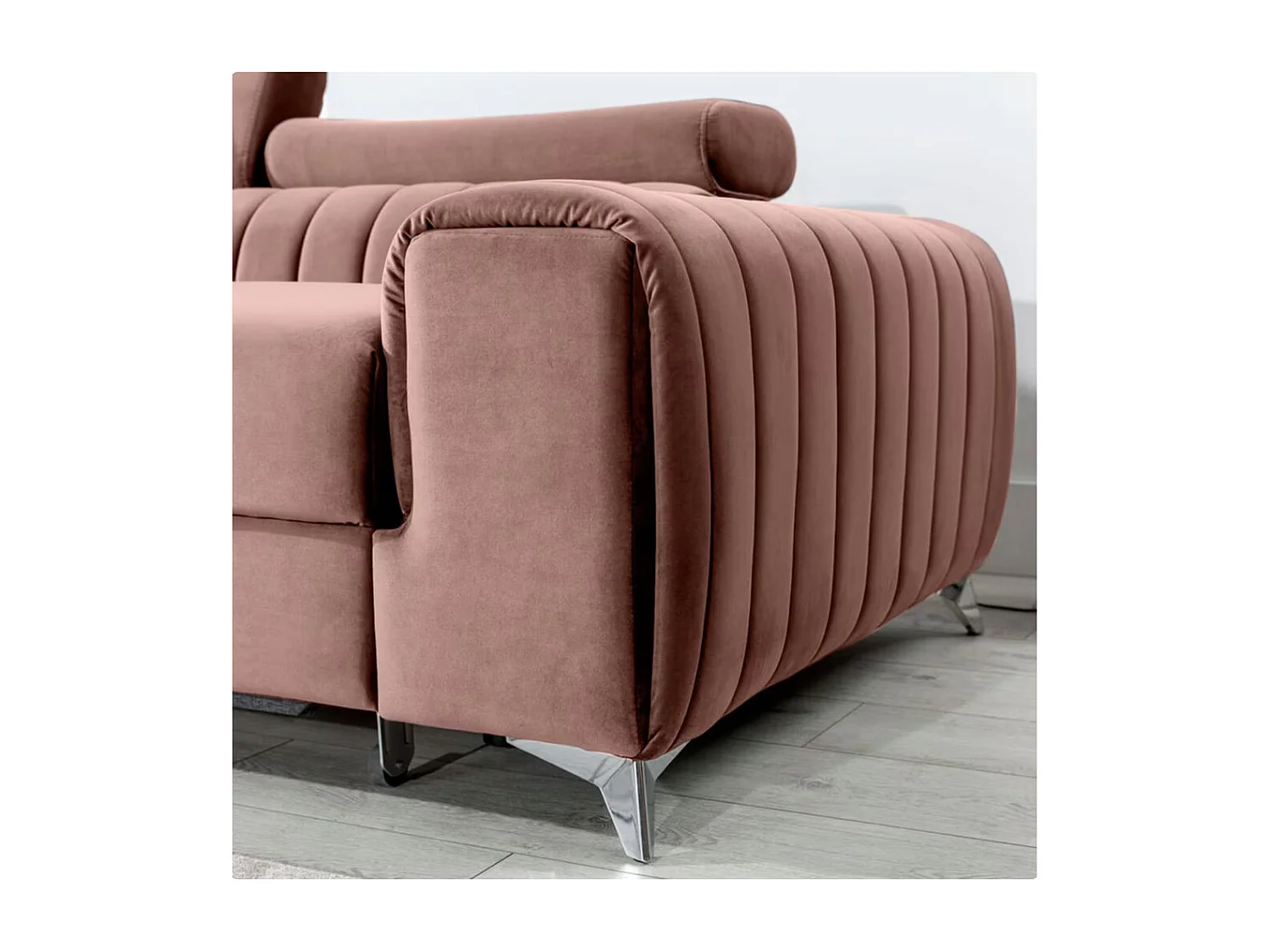 Canapé d'angle convertible velours têtière réglables GRENKY - Coffre, pieds acier chromé-Rose soft-angle gauche