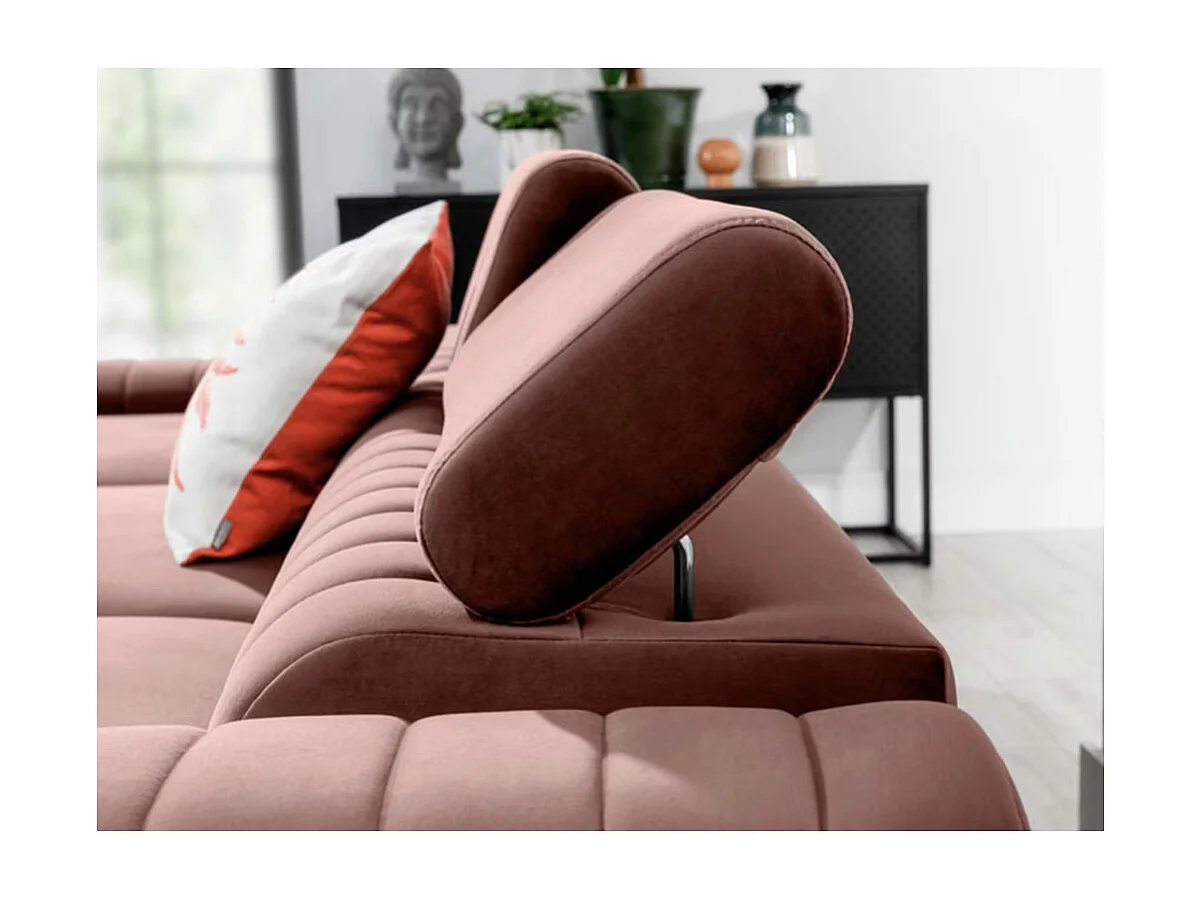 Canapé d'angle convertible velours têtière réglables GRENKY - Coffre, pieds acier chromé-Rose soft-angle gauche