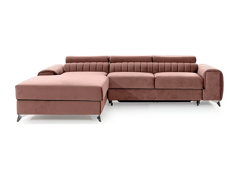 Canapé d'angle convertible velours têtière réglables GRENKY - Coffre, pieds acier chromé-Rose soft-angle gauche