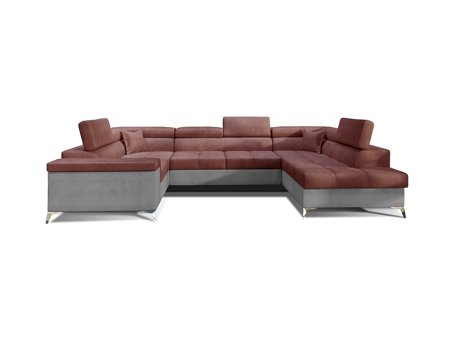 Canapé panoramique convertible TRIANO velours - têtières réglables-Gris clair/Rose cuivré-Coffre à droite
