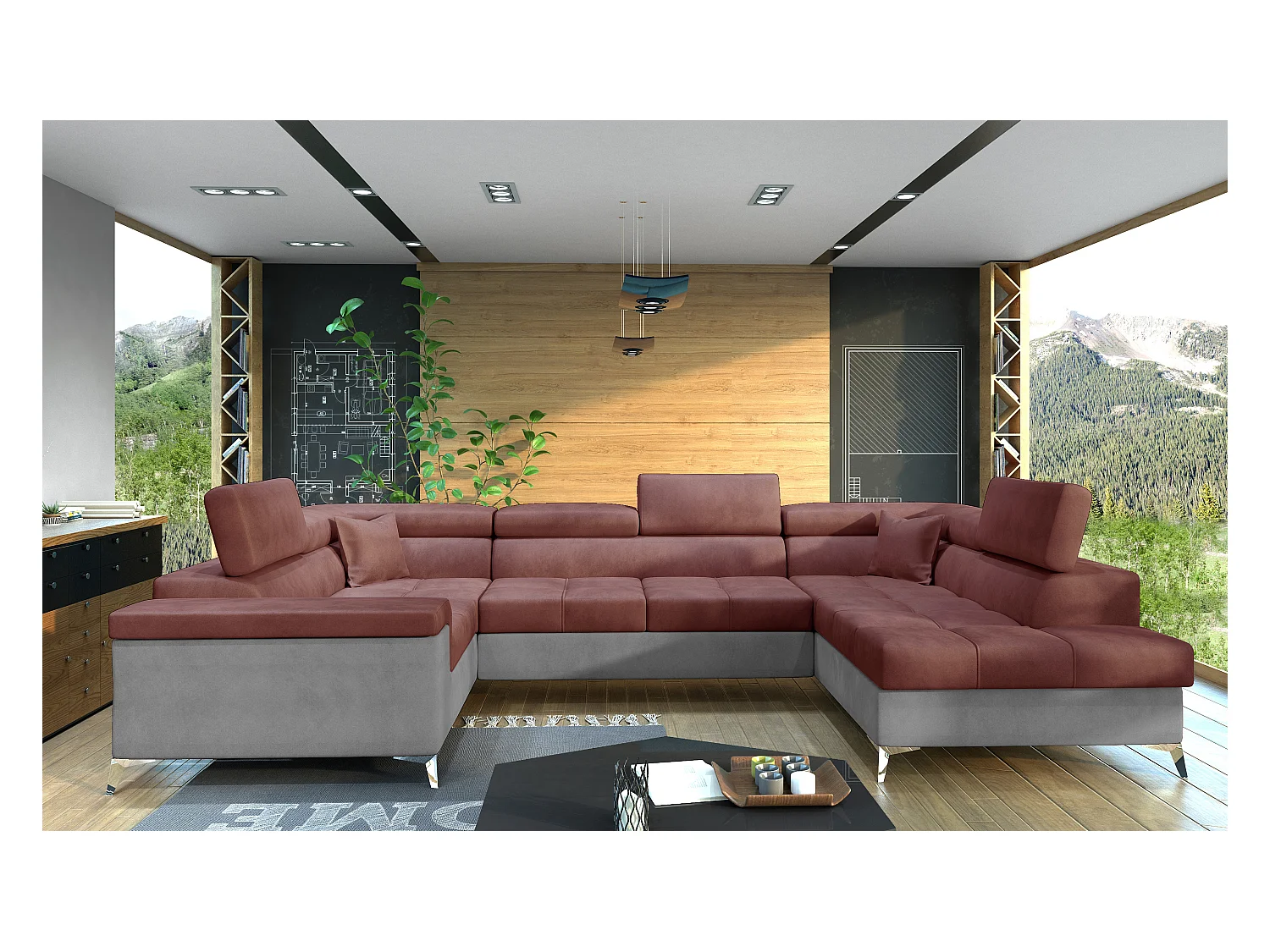 Canapé panoramique convertible TRIANO velours - têtières réglables-Gris clair/Rose cuivré-Coffre à droite