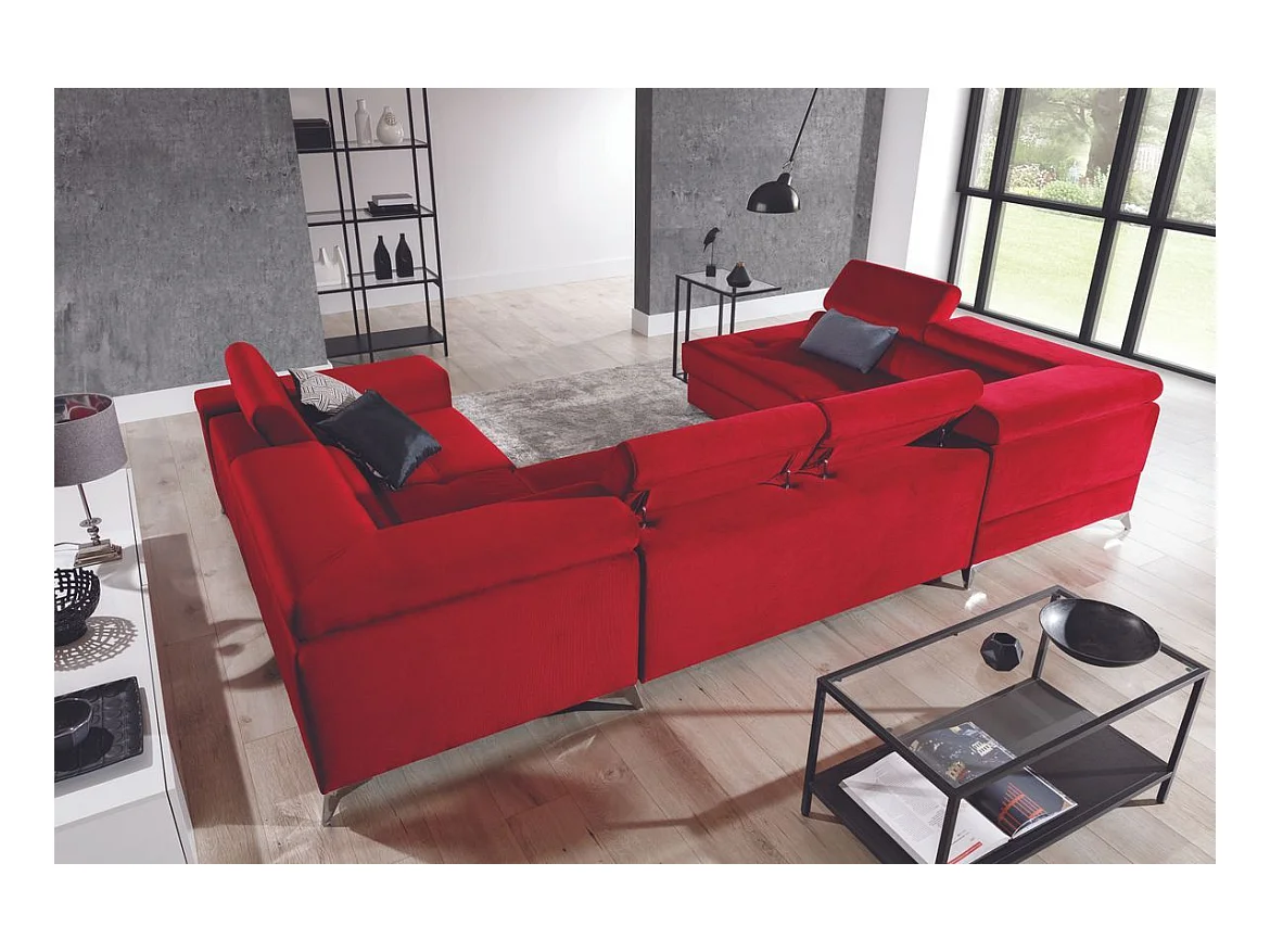 Canapé panoramique convertible TRIANO velours - têtières réglables-Gris clair/Rose cuivré-Coffre à droite