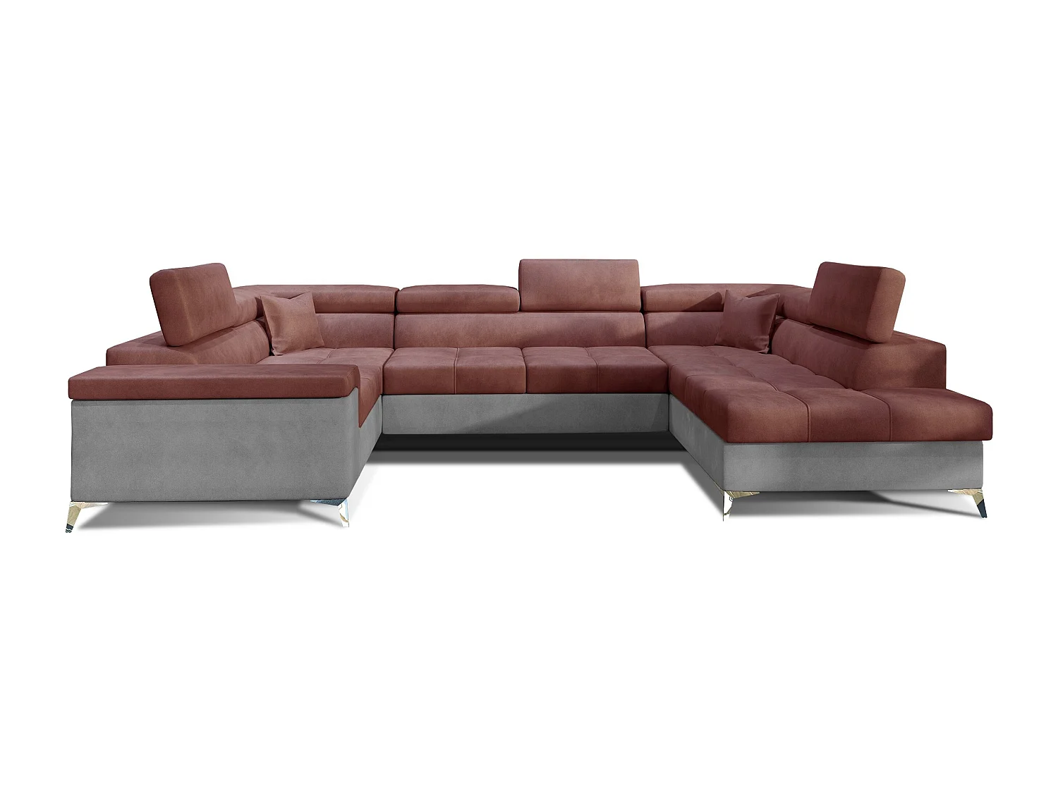 Sofá panorámico convertible TRIANO en terciopelo, con almacenaje y reposacabezas ajustables-Gris claro/Rosa cobre-Caja Lado derecho