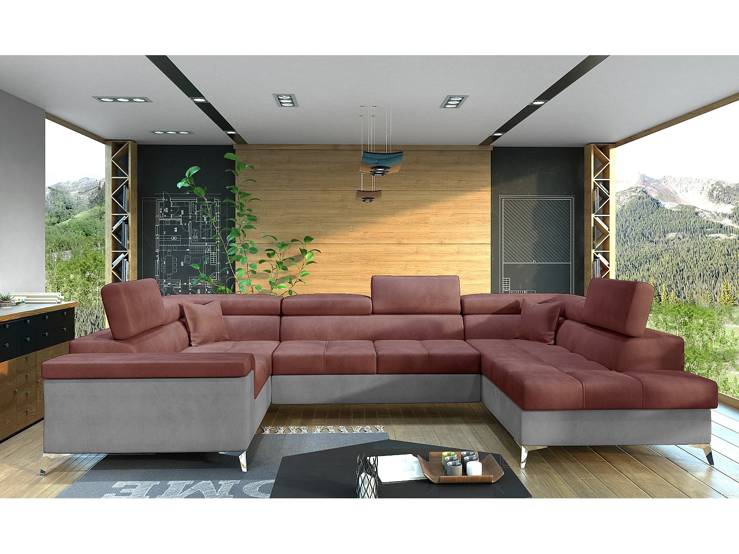 Sofá panorámico convertible TRIANO en terciopelo, con almacenaje y reposacabezas ajustables-Gris claro/Rosa cobre-Caja Lado derecho