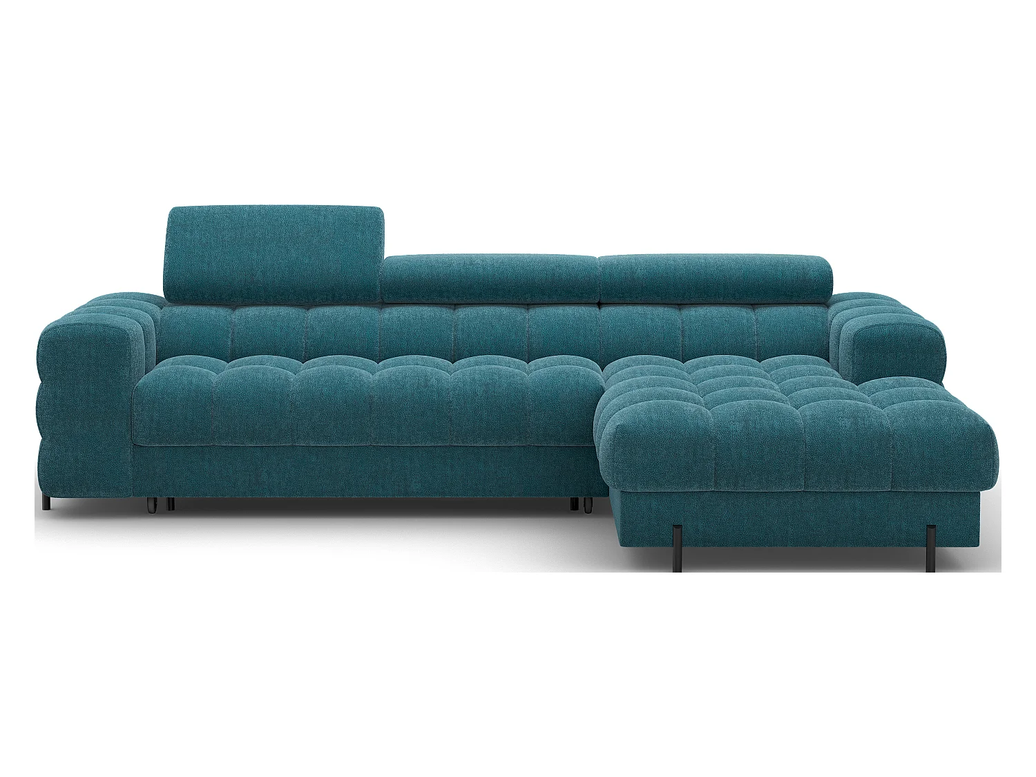 Canapé d’angle convertible tissu appuis-tête réglables KATE – Coffre et pieds métal noir-Bleu canard-angle droit