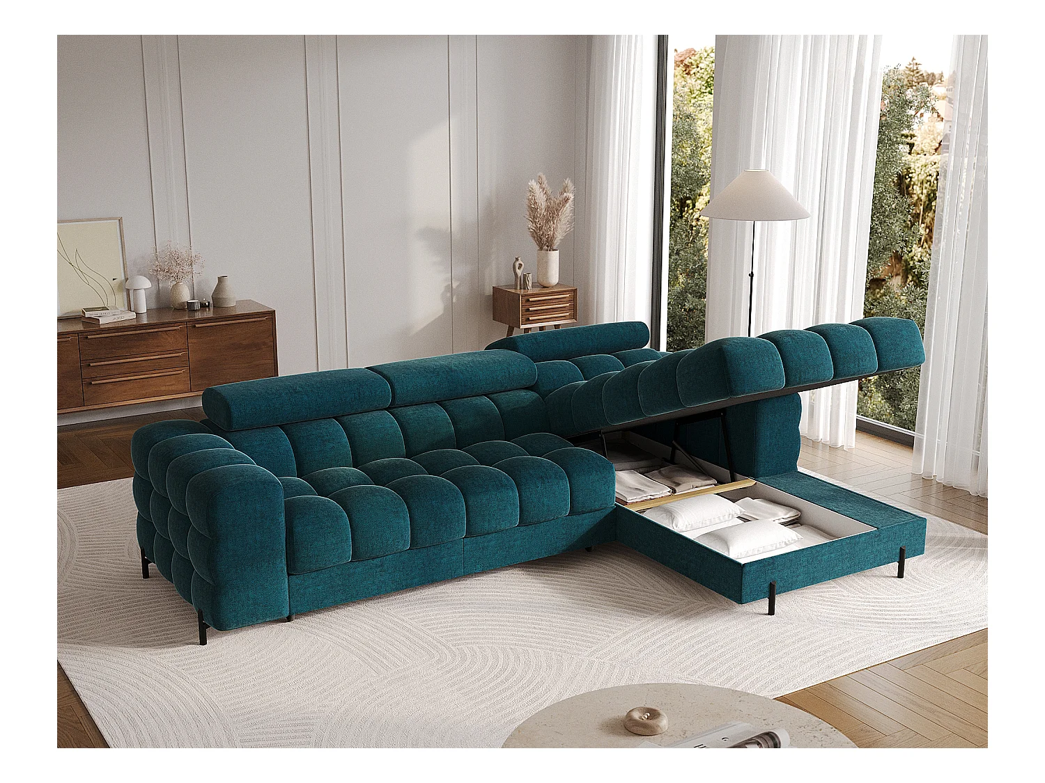 Canapé d’angle convertible tissu appuis-tête réglables KATE – Coffre et pieds métal noir-Bleu canard-angle droit