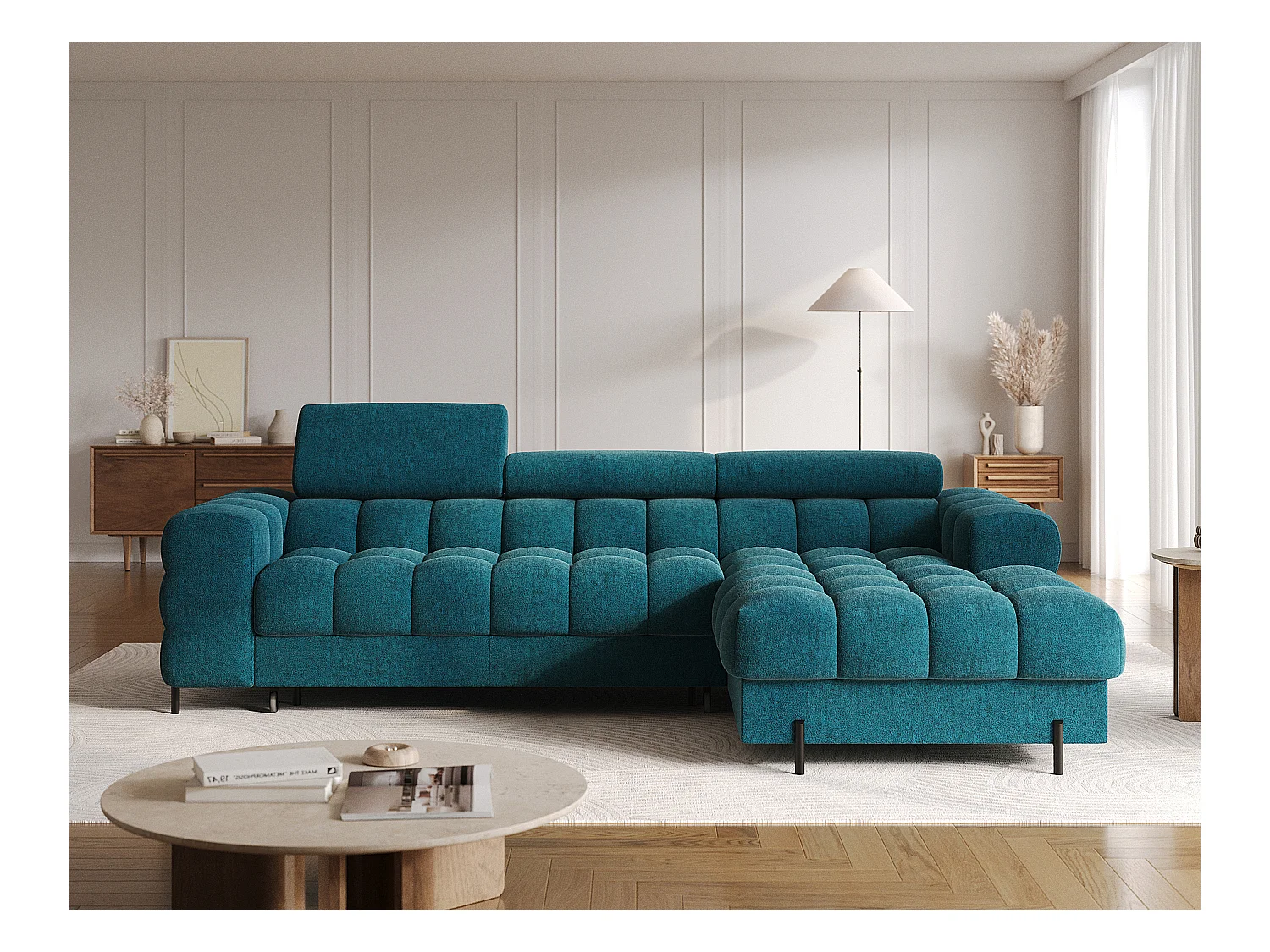 Canapé d’angle convertible tissu appuis-tête réglables KATE – Coffre et pieds métal noir-Bleu canard-angle droit