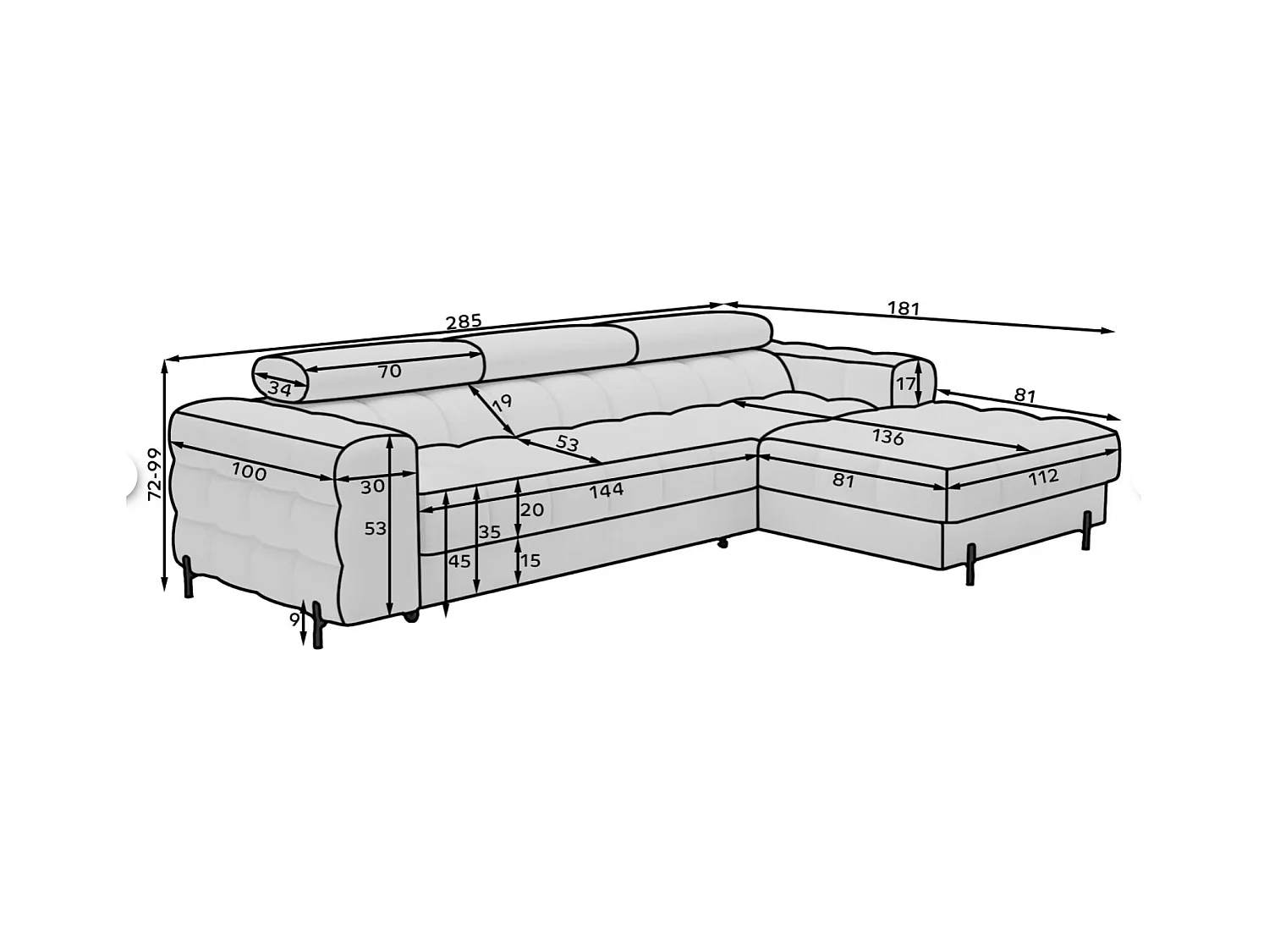 Canapé d’angle convertible tissu appuis-tête réglables KATE – Coffre et pieds métal noir-Bleu canard-angle droit