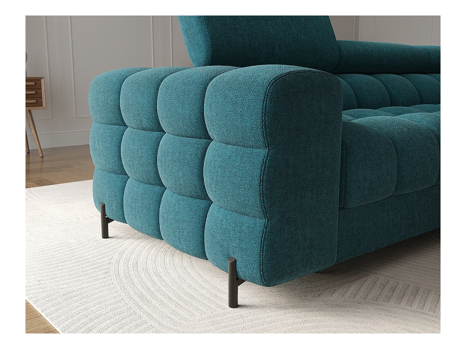 Canapé d’angle convertible tissu appuis-tête réglables KATE – Coffre et pieds métal noir-Bleu canard-angle droit