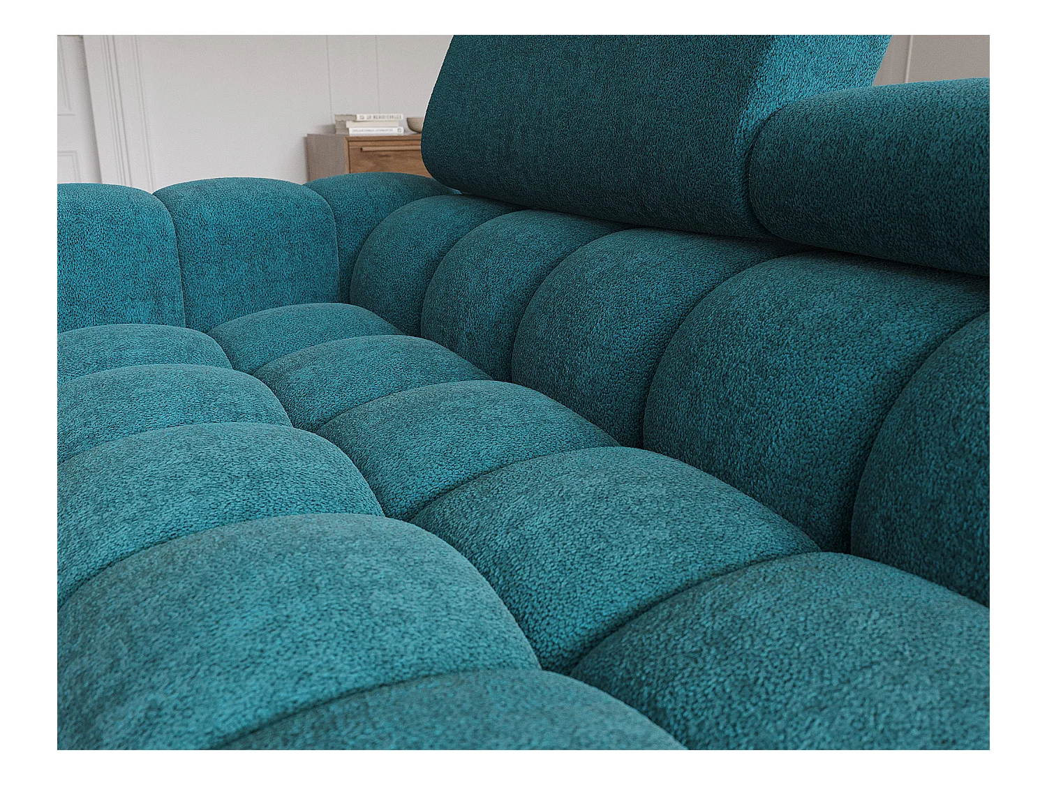 Canapé d’angle convertible tissu appuis-tête réglables KATE – Coffre et pieds métal noir-Bleu canard-angle droit