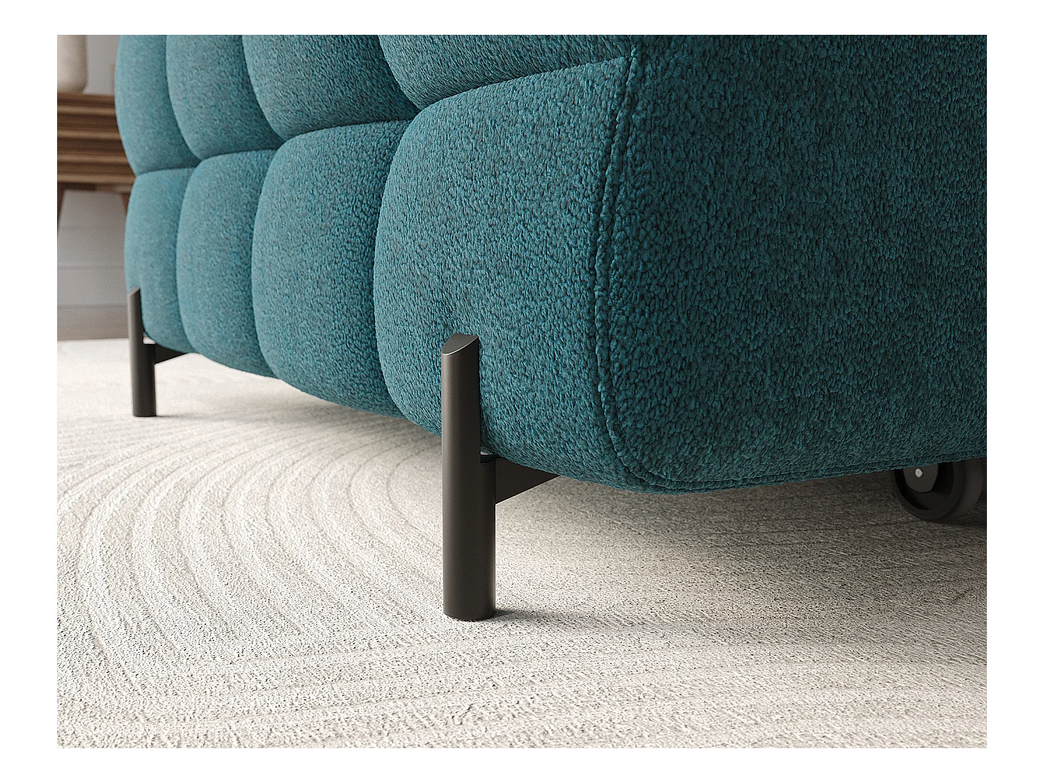 Canapé d’angle convertible tissu appuis-tête réglables KATE – Coffre et pieds métal noir-Bleu canard-angle droit