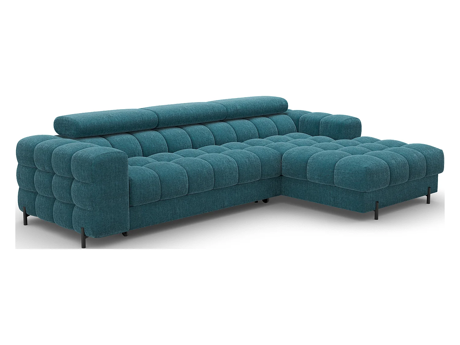 Canapé d’angle convertible tissu appuis-tête réglables KATE – Coffre et pieds métal noir-Bleu canard-angle droit