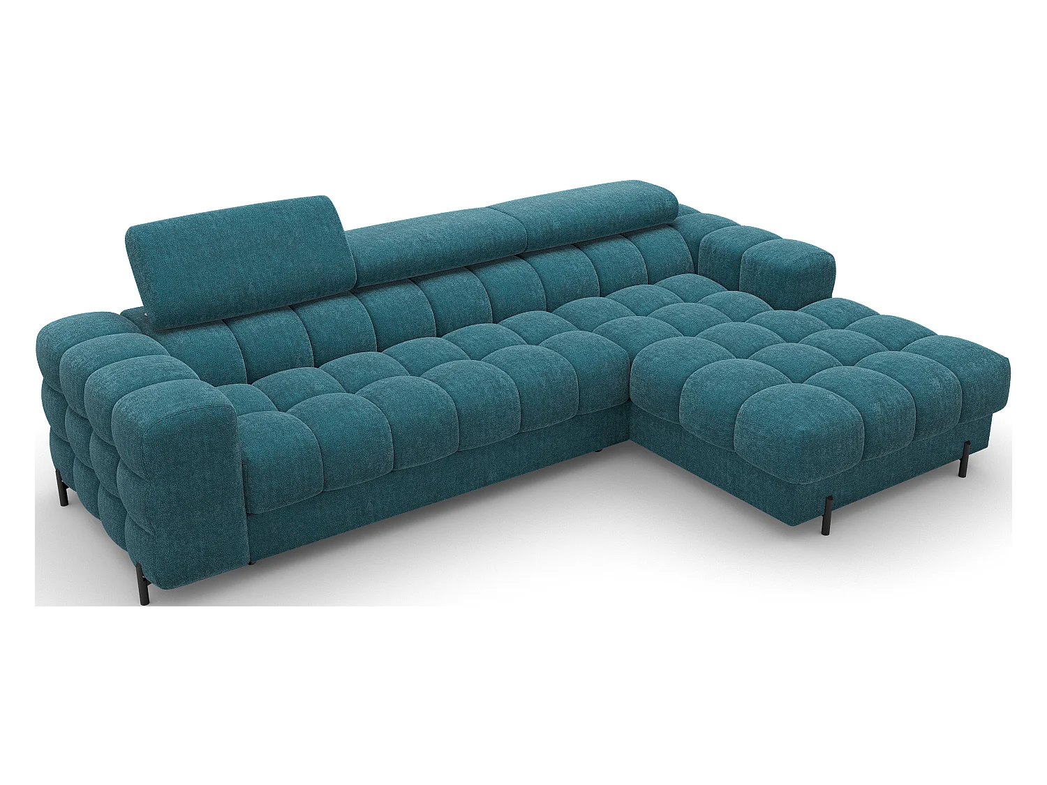 Canapé d’angle convertible tissu appuis-tête réglables KATE – Coffre et pieds métal noir-Bleu canard-angle droit