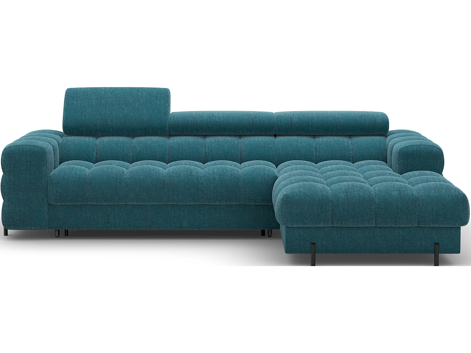 Canapé d’angle convertible tissu appuis-tête réglables KATE – Coffre et pieds métal noir-Bleu canard-angle droit