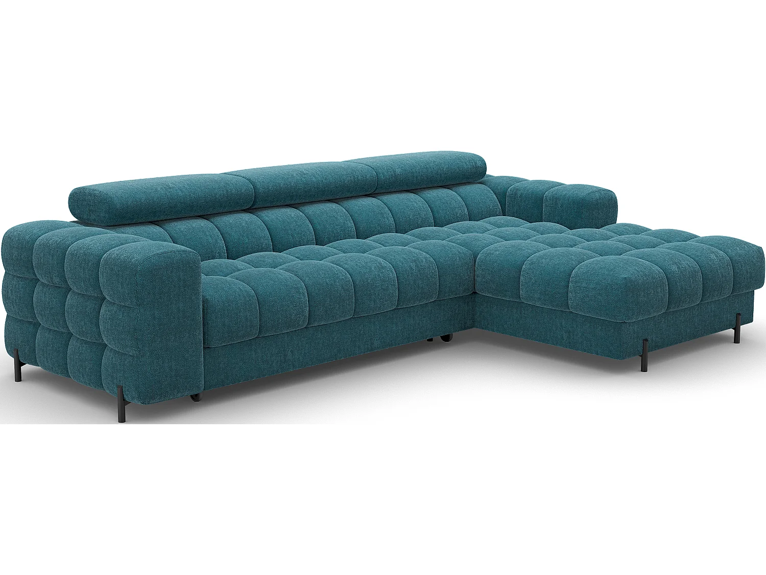 Canapé d’angle convertible tissu appuis-tête réglables KATE – Coffre et pieds métal noir-Bleu canard-angle droit