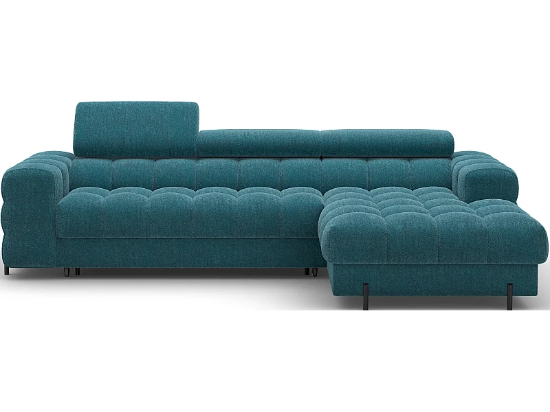 Canapé d’angle convertible tissu appuis-tête réglables KATE – Coffre et pieds métal noir-Bleu canard-angle droit