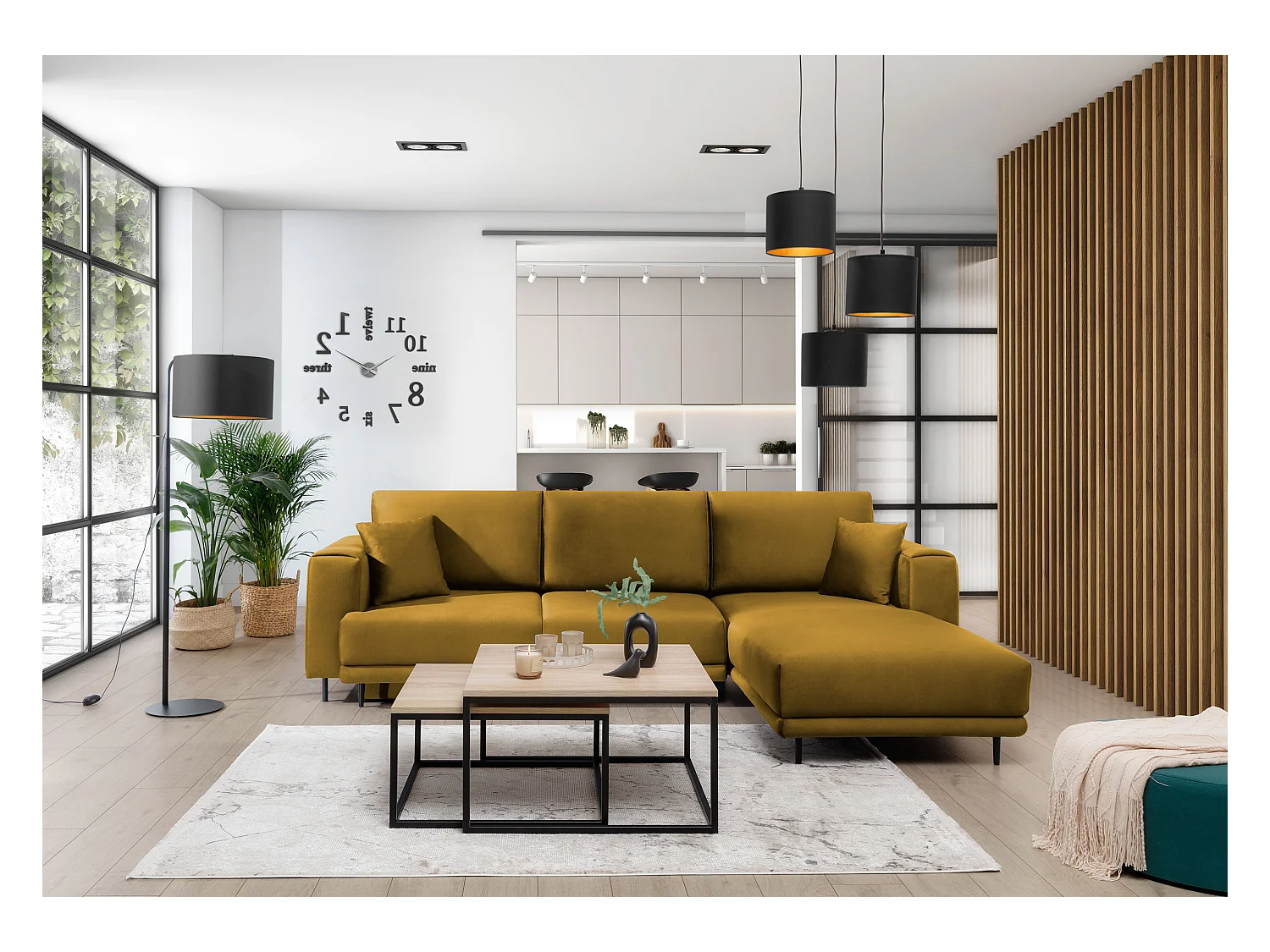 Canapé d'angle convertible velours DAVINA - Coffre et pieds métal noir-Jaune moutarde-angle droit
