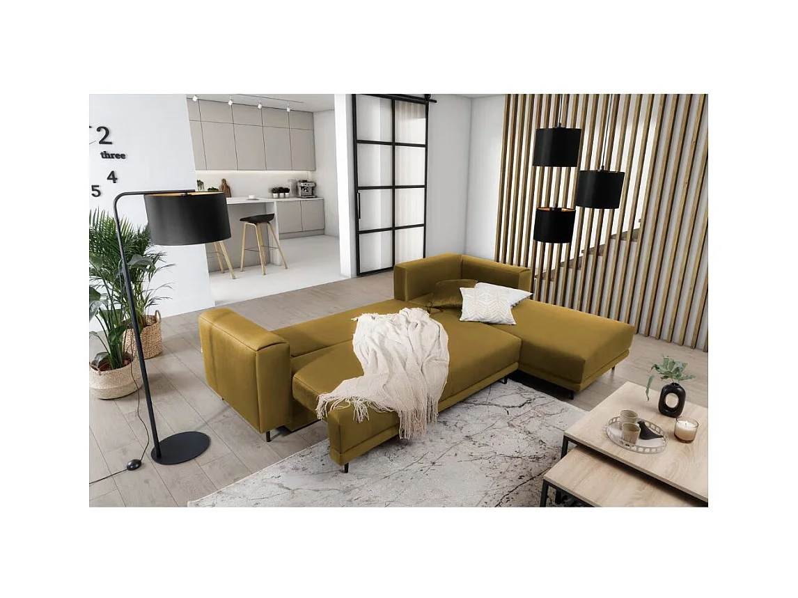 Canapé d'angle convertible velours DAVINA - Coffre et pieds métal noir-Jaune moutarde-angle droit