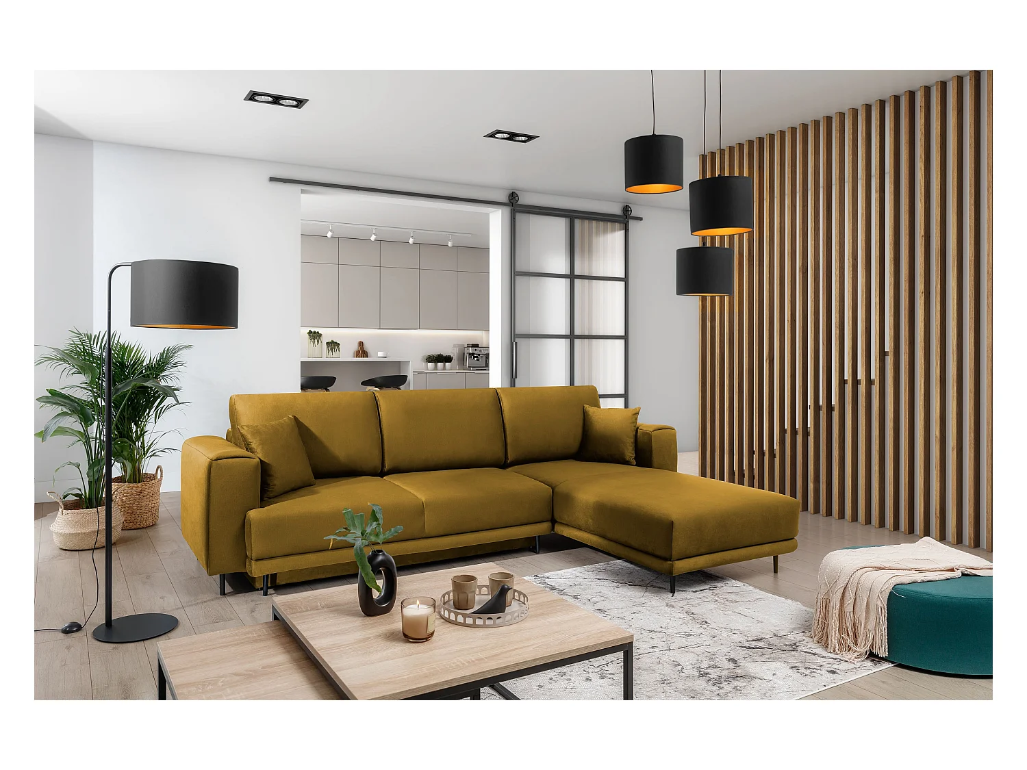 Canapé d'angle convertible velours DAVINA - Coffre et pieds métal noir-Jaune moutarde-angle droit
