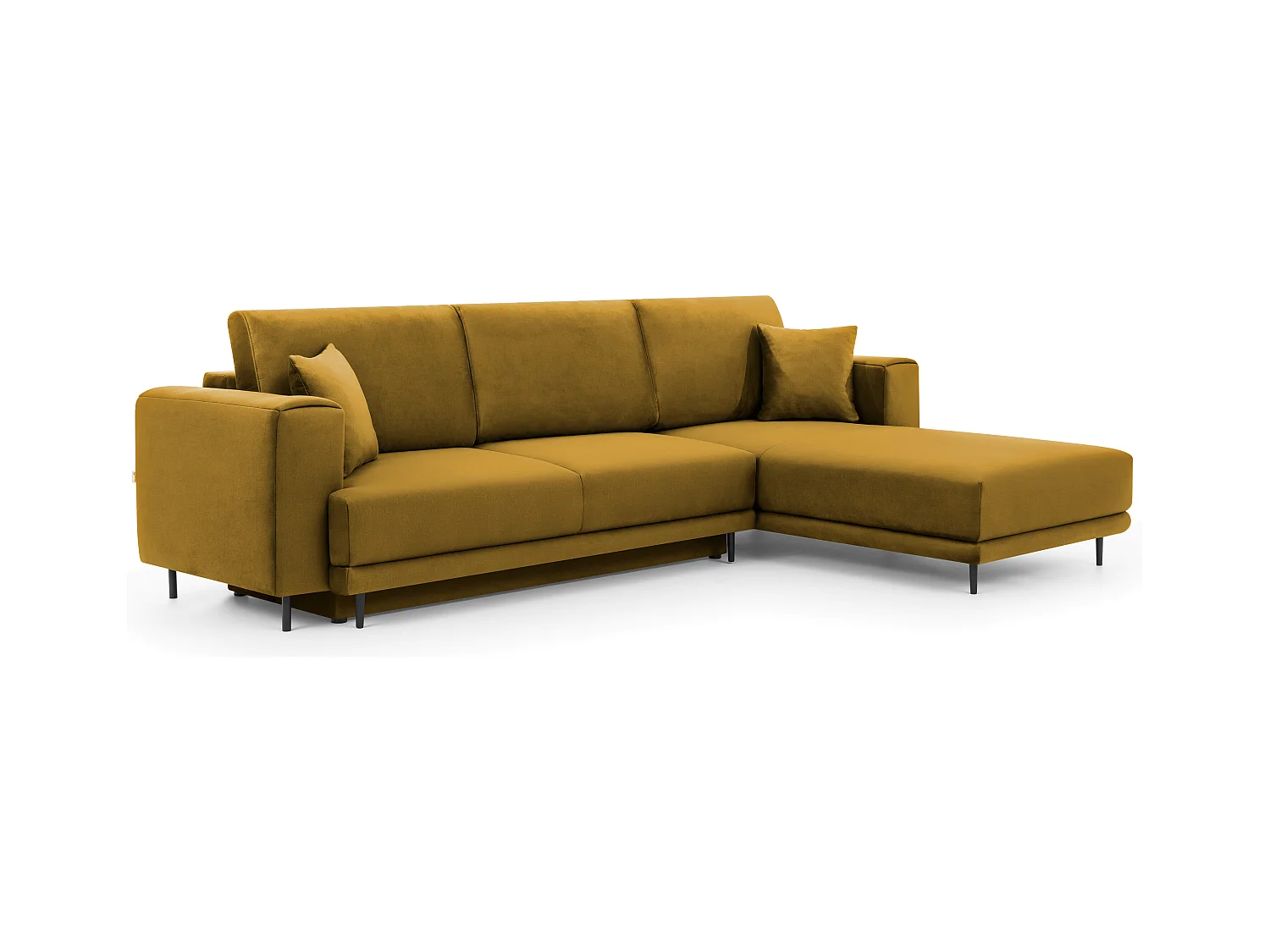 Canapé d'angle convertible velours DAVINA - Coffre et pieds métal noir-Jaune moutarde-angle droit