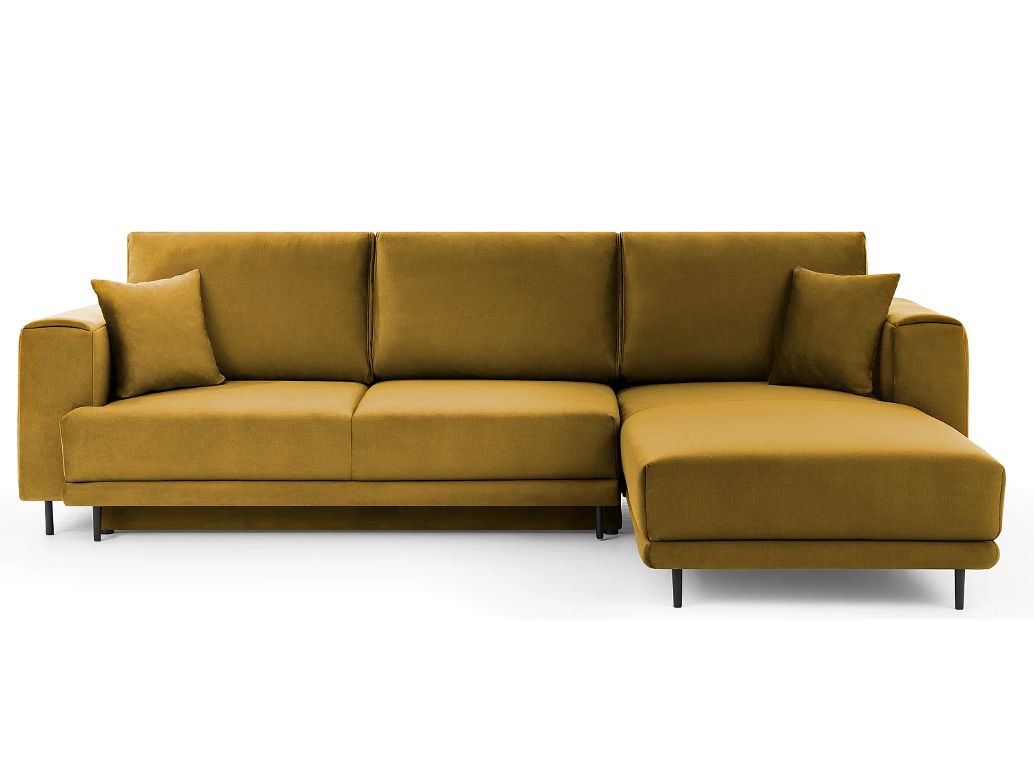 Canapé d'angle convertible velours DAVINA - Coffre et pieds métal noir-Jaune moutarde-angle droit