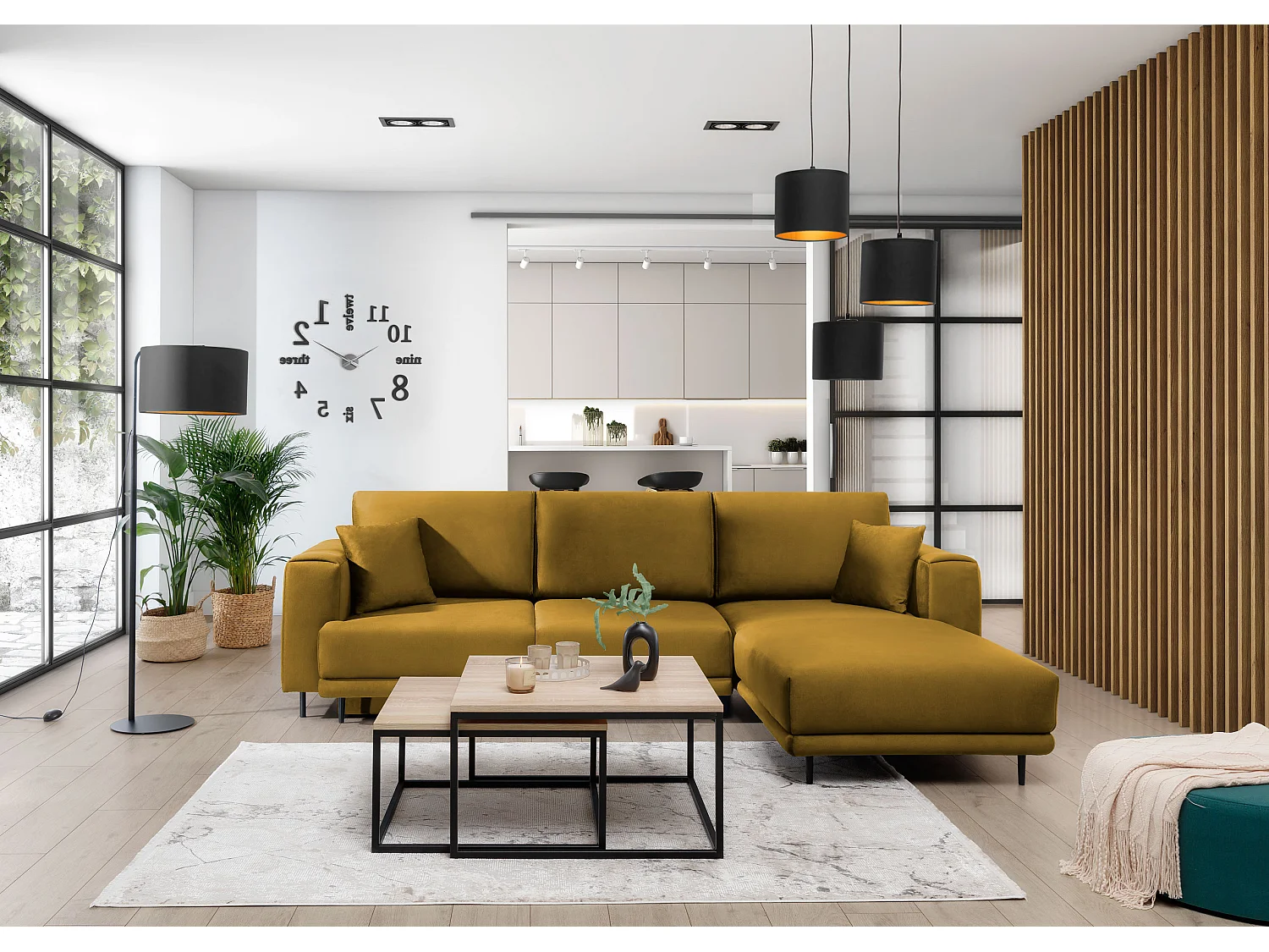 Canapé d'angle convertible velours DAVINA - Coffre et pieds métal noir-Jaune moutarde-angle droit
