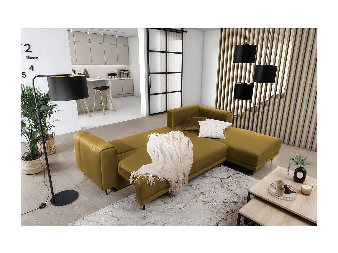 Canapé d'angle convertible velours DAVINA - Coffre et pieds métal noir-Jaune moutarde-angle droit