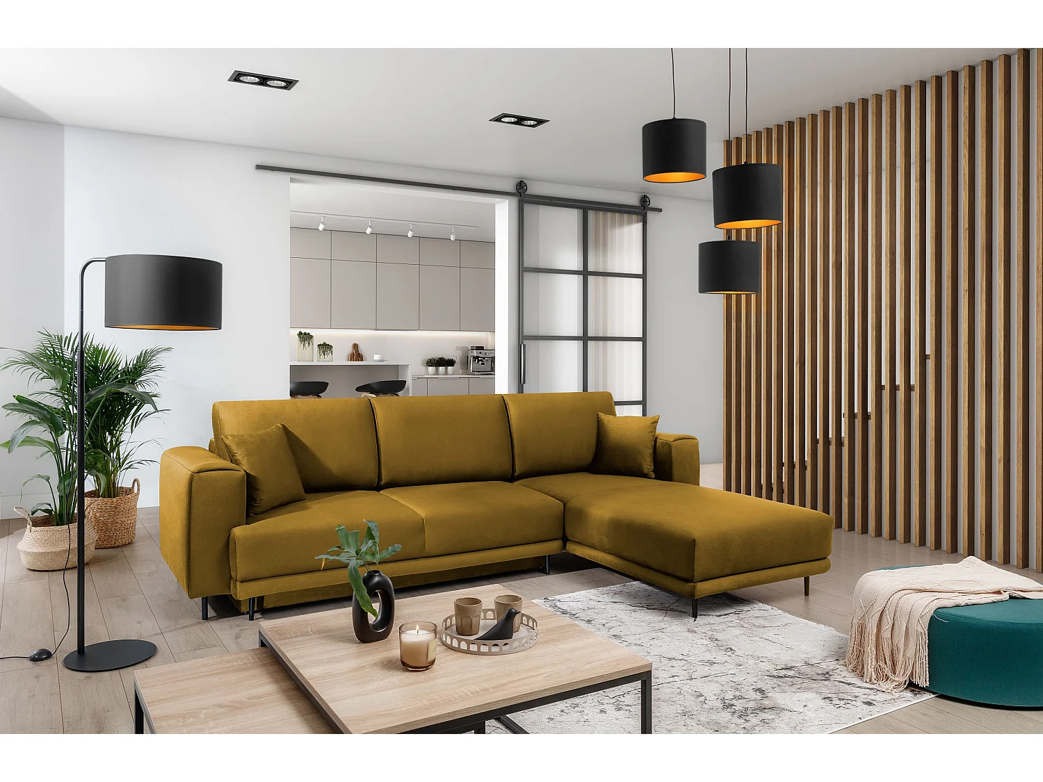 Canapé d'angle convertible velours DAVINA - Coffre et pieds métal noir-Jaune moutarde-angle droit
