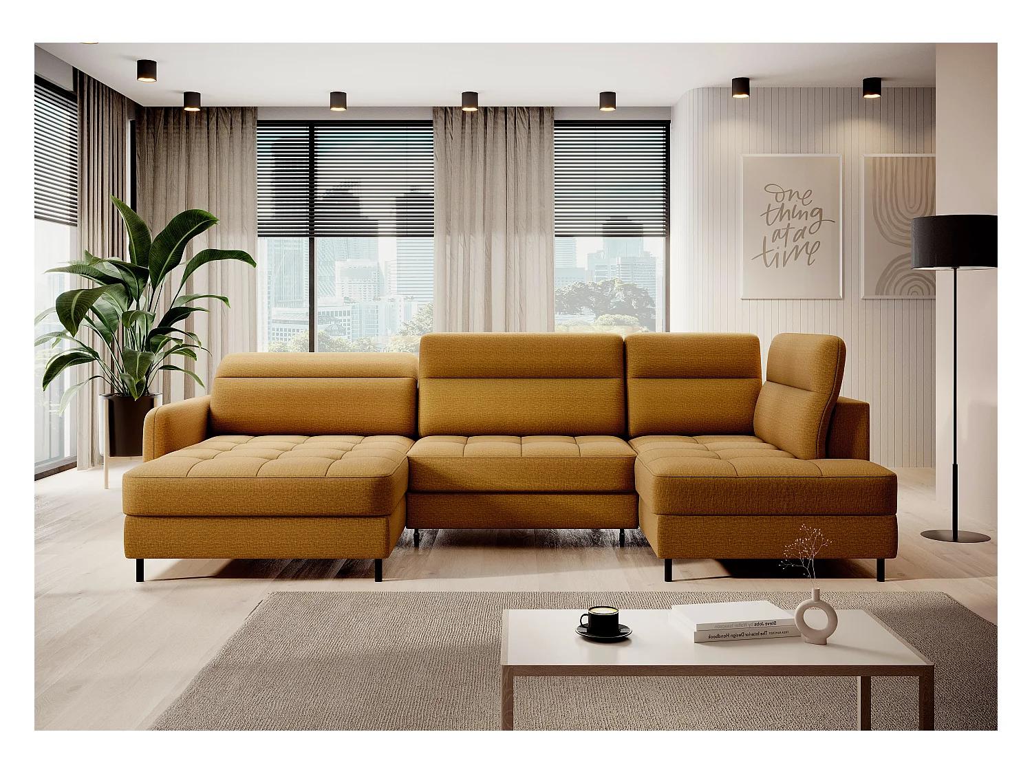 Canapé panoramique convertible BENTO en tissu avec coffre de rangement-Jaune moutarde-angle gauche