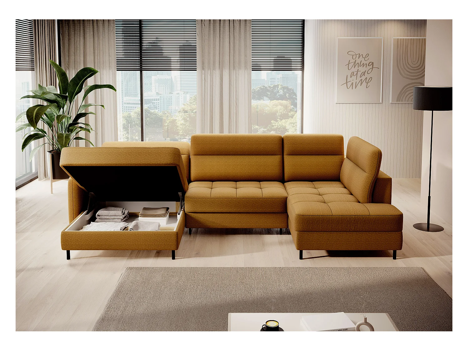 Canapé panoramique convertible BENTO en tissu avec coffre de rangement-Jaune moutarde-angle gauche