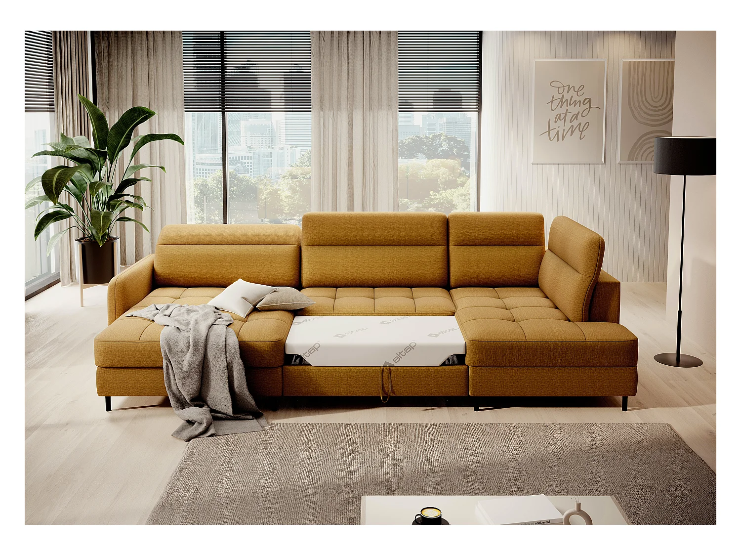 Canapé panoramique convertible BENTO en tissu avec coffre de rangement-Jaune moutarde-angle gauche