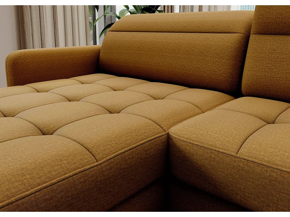 Canapé panoramique convertible BENTO en tissu avec coffre de rangement-Jaune moutarde-angle gauche